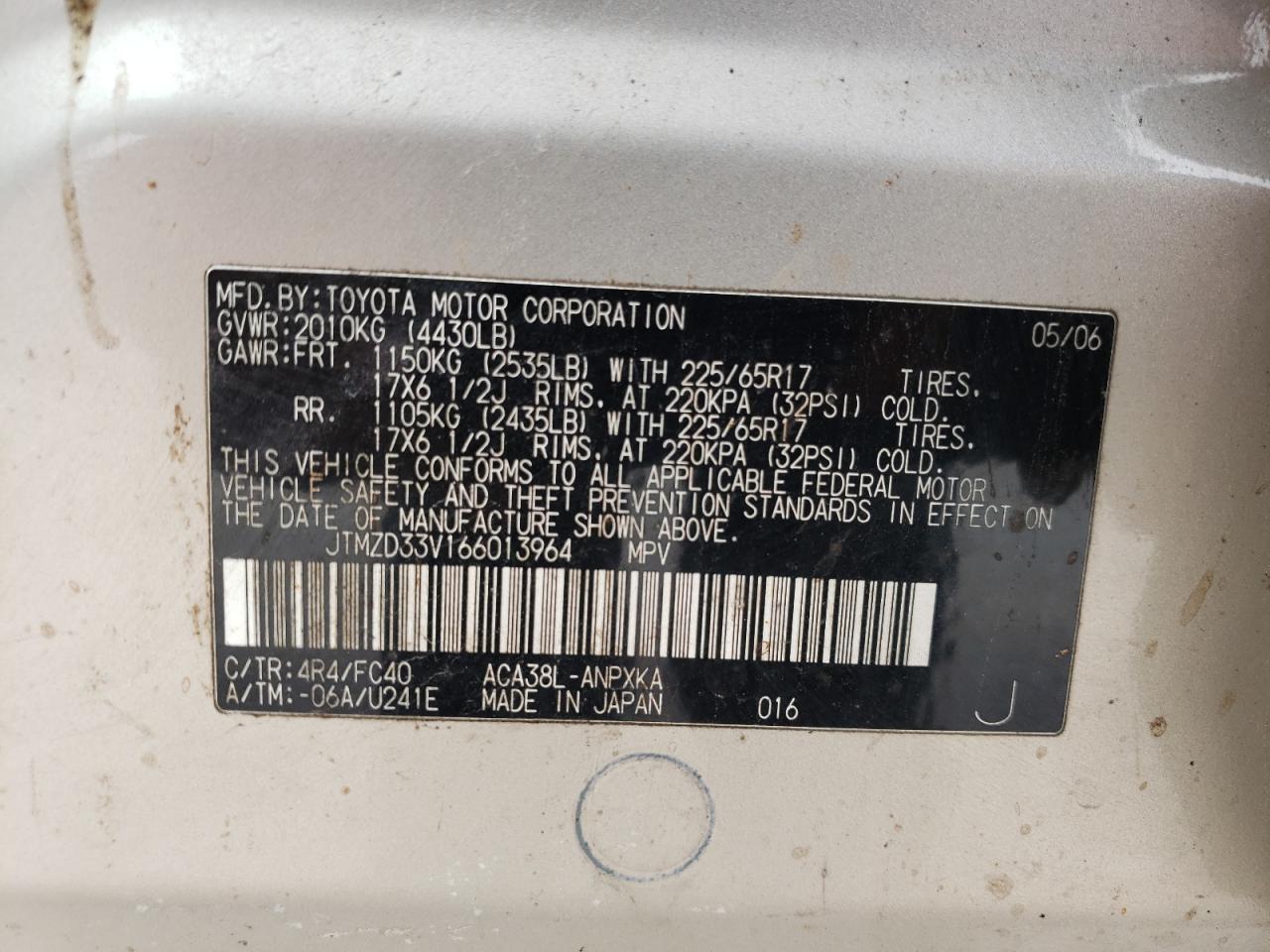Photo 10 from auction – 2006 TOYOTA RAV4 with VIN JTMZD33V166013964