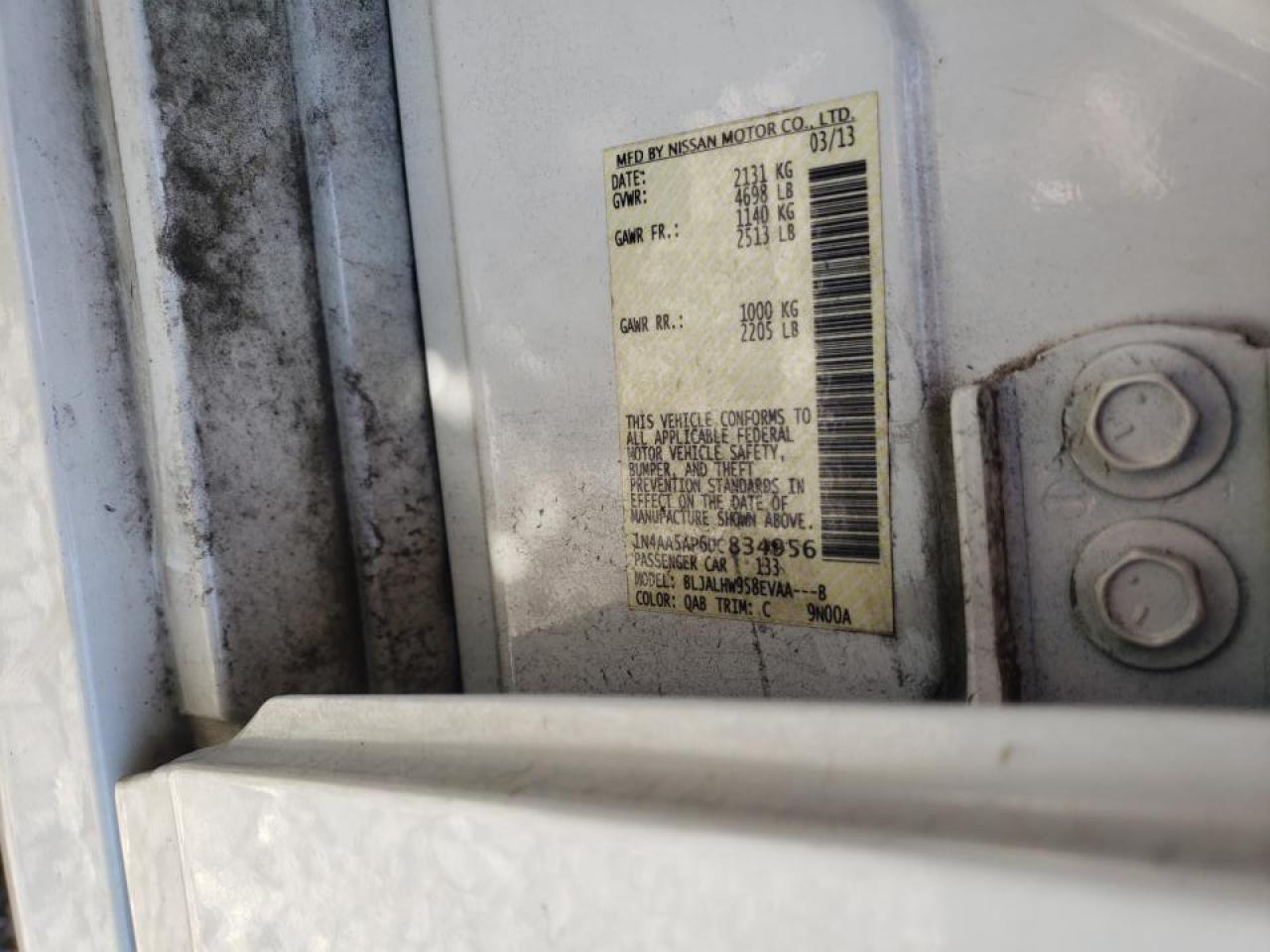 Photo 10 from auction – 2013 NISSAN MAXIMA S with VIN 1N4AA5AP6DC834956