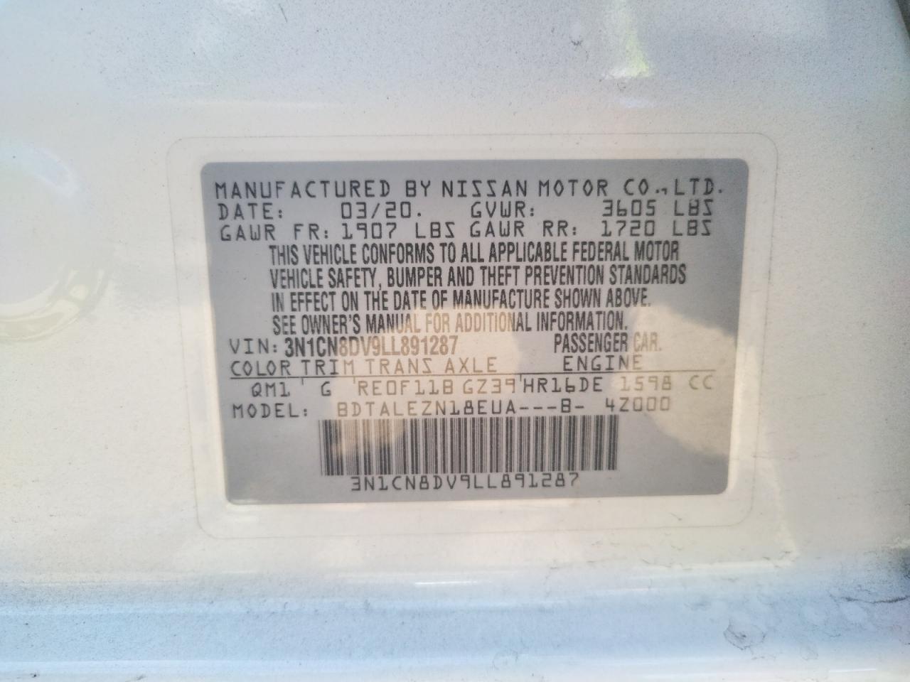 Photo 10 from auction – 2020 NISSAN VERSA S with VIN 3N1CN8DV9LL891287