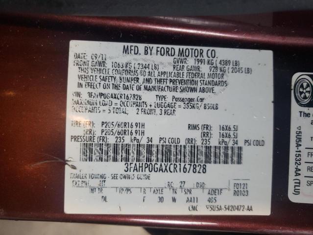 Photo 10 from auction – 2012 FORD FUSION S with VIN 3FAHP0GAXCR167828