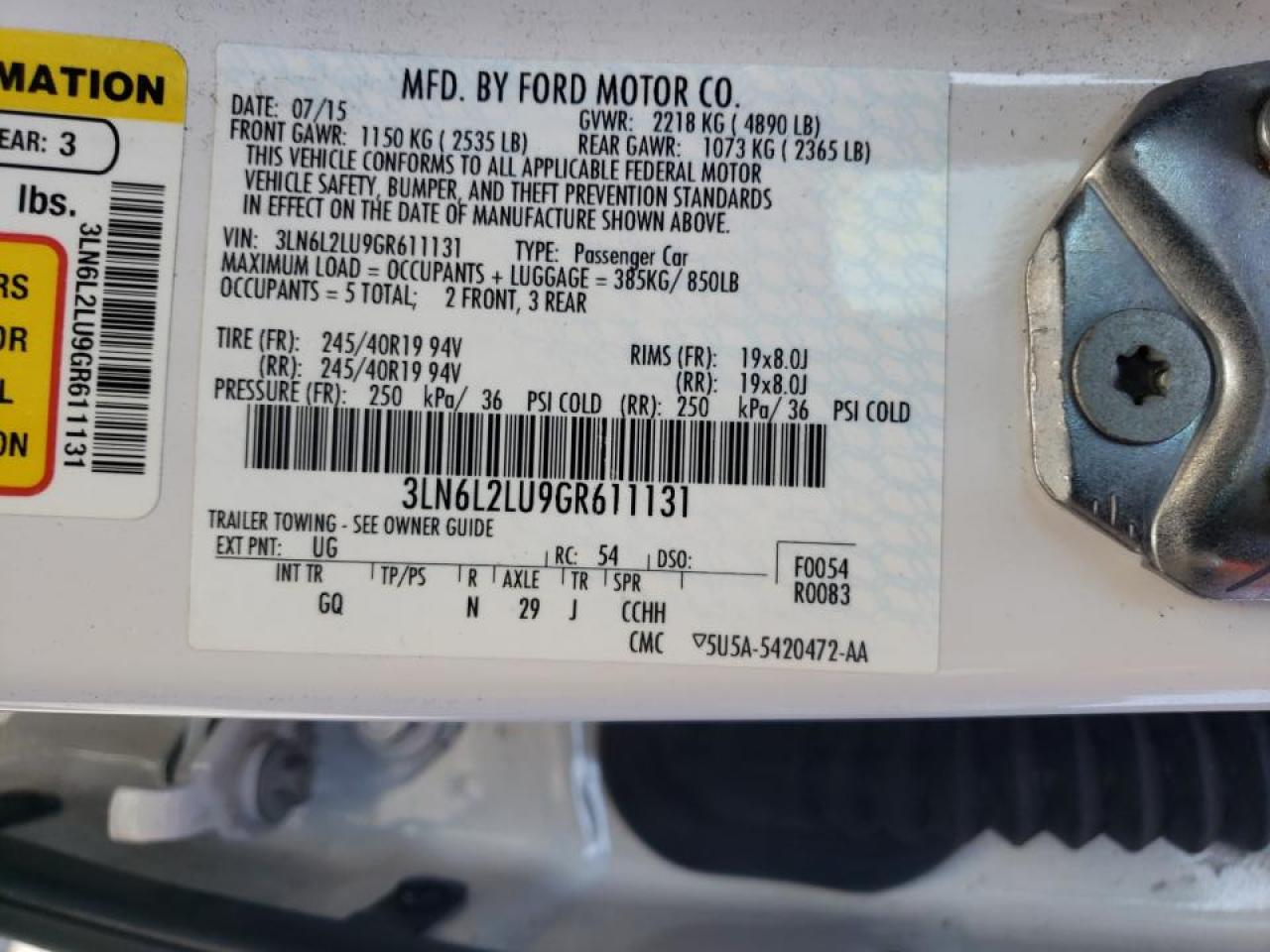 Photo 10 from auction – 2016 LINCOLN MKZ HYBRID with VIN 3LN6L2LU9GR611131