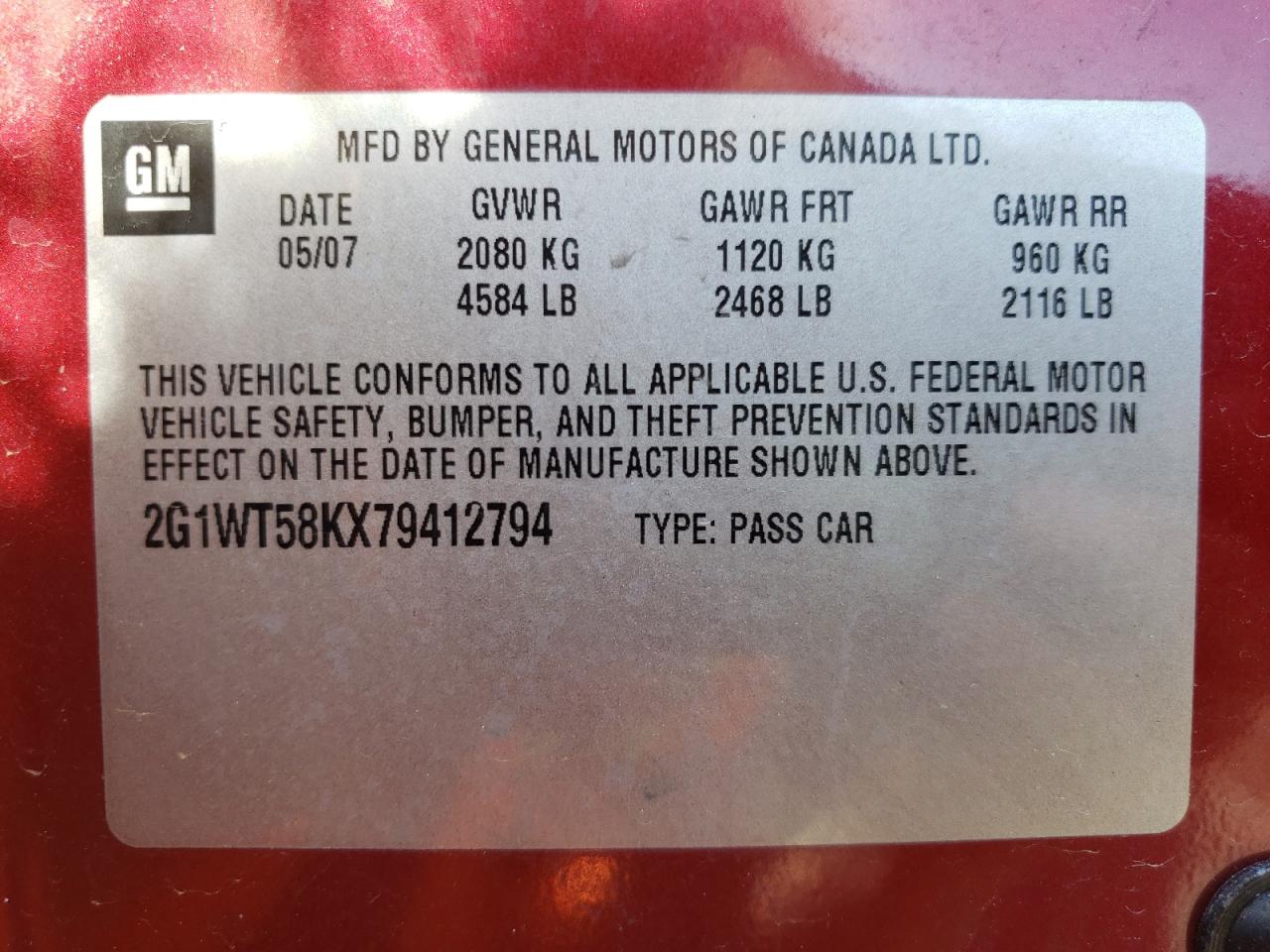 Photo 10 from auction – 2007 CHEVROLET IMPALA LT with VIN 2G1WT58KX79412794