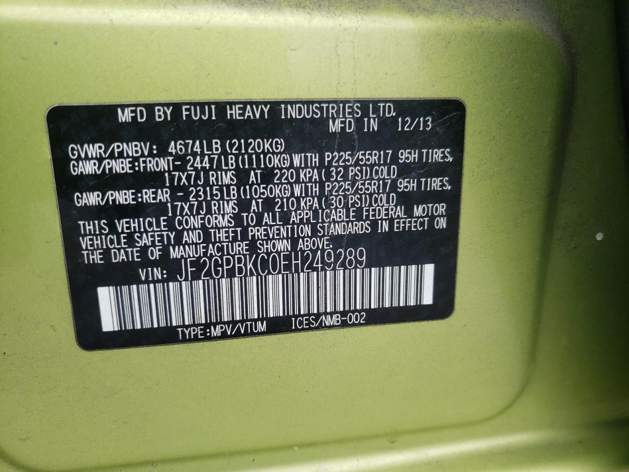 Photo 10 from auction – 2014 SUBARU XV CROSSTR with VIN JF2GPBKC0EH249289