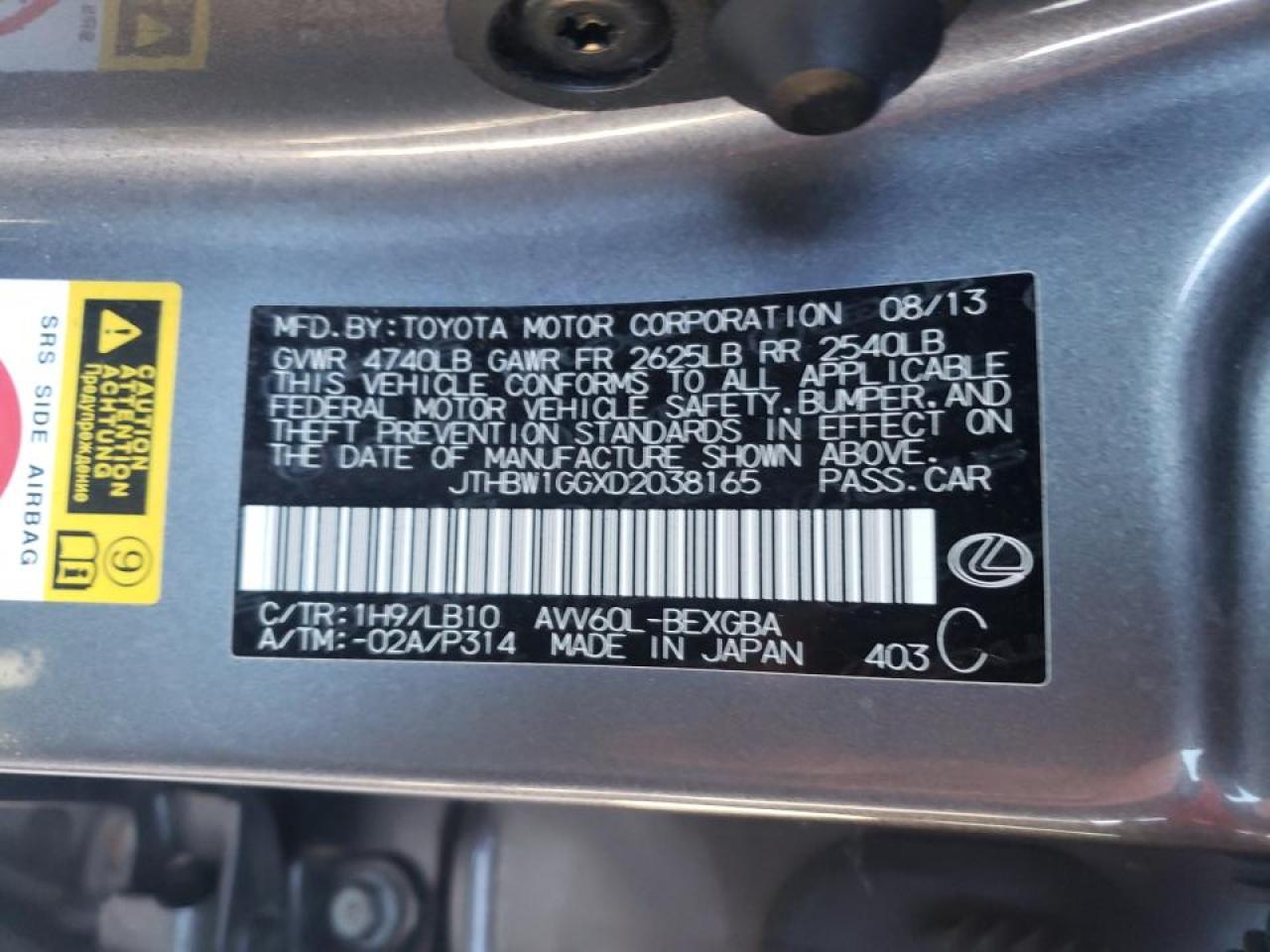 Photo 10 from auction – 2013 LEXUS ES 300H with VIN JTHBW1GGXD2038165