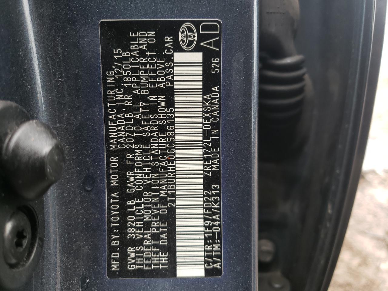 Photo 10 from auction – 2016 TOYOTA COROLLA L with VIN 2T1BURHE0GC586135