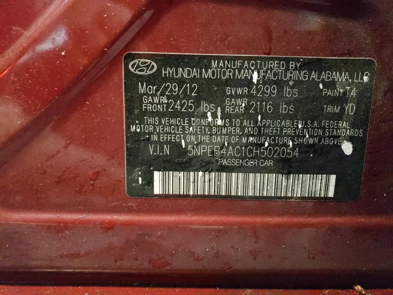 Photo 10 from auction – 2012 HYUNDAI SONATA GLS with VIN 5NPEB4AC1CH502054