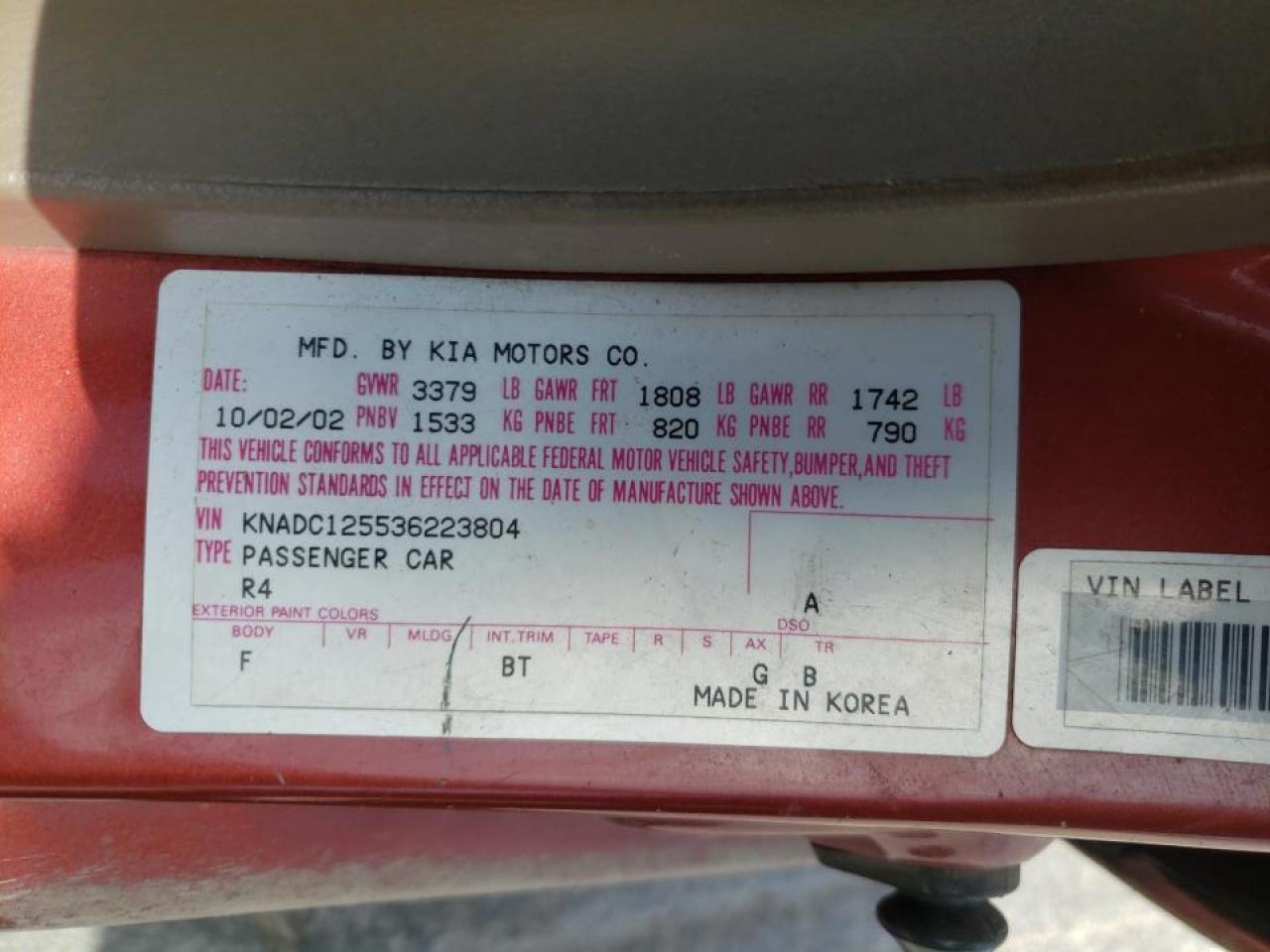 Photo 10 from auction – 2003 KIA RIO with VIN KNADC125536223804