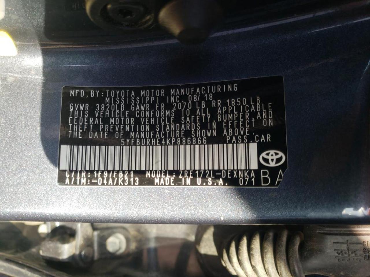 Photo 10 from auction – 2019 TOYOTA COROLLA L with VIN 5YFBURHE4KP886866