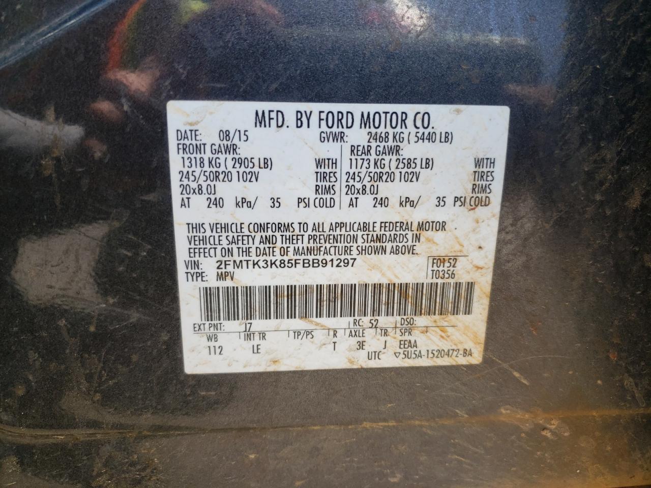 Photo 10 from auction – 2015 FORD EDGE TITAN with VIN 2FMTK3K85FBB91297