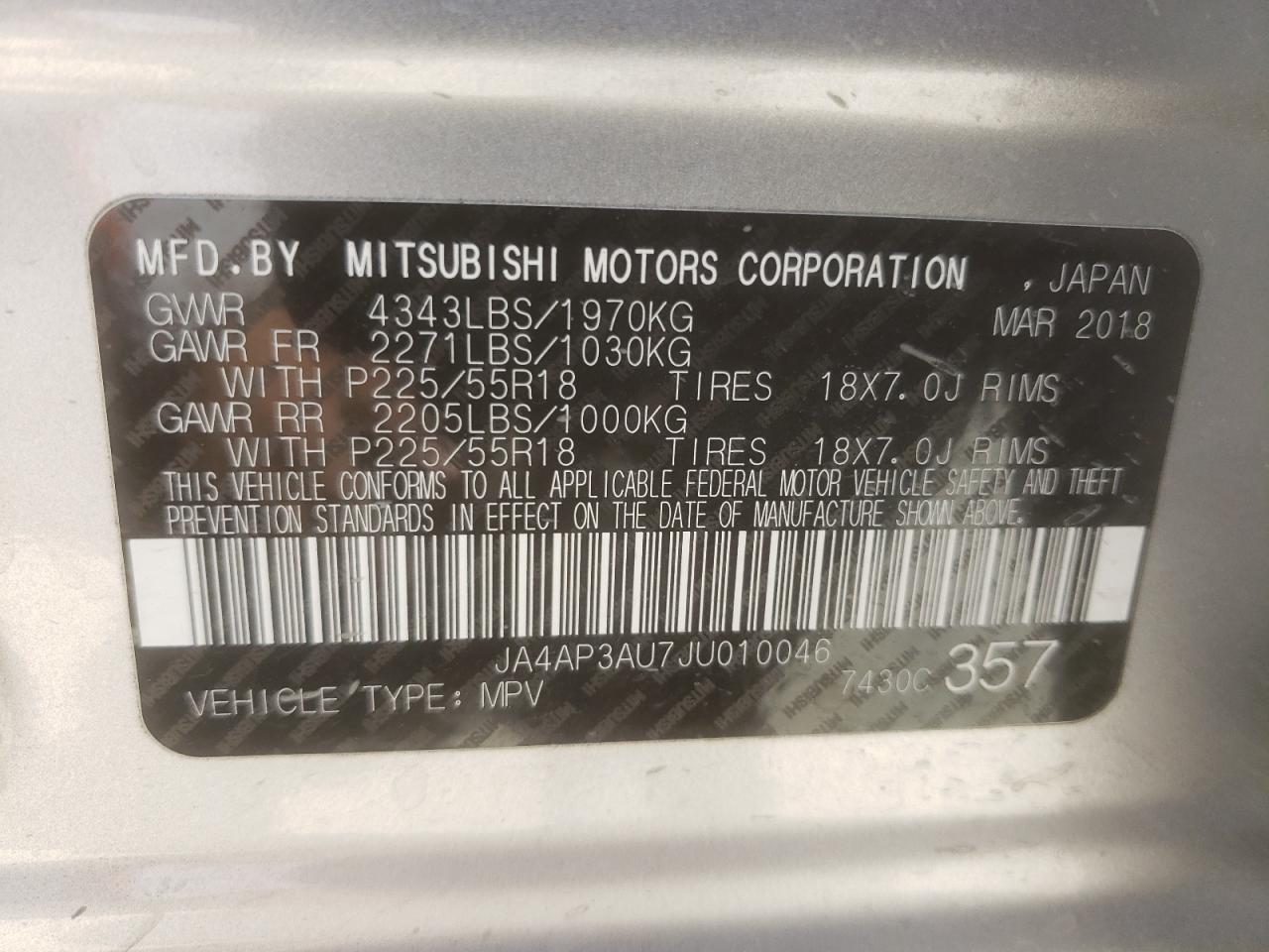 Photo 10 from auction – 2018 MITSUBISHI OUTLANDER with VIN JA4AP3AU7JU010046