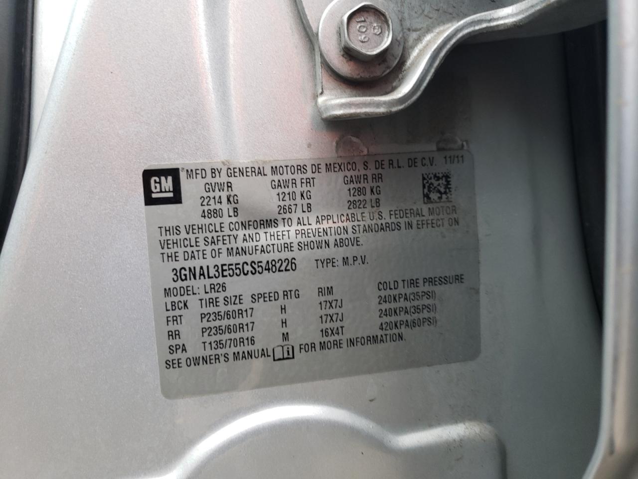 Photo 10 from auction – 2012 CHEVROLET CAPTIVA SP with VIN 3GNAL3E55CS548226