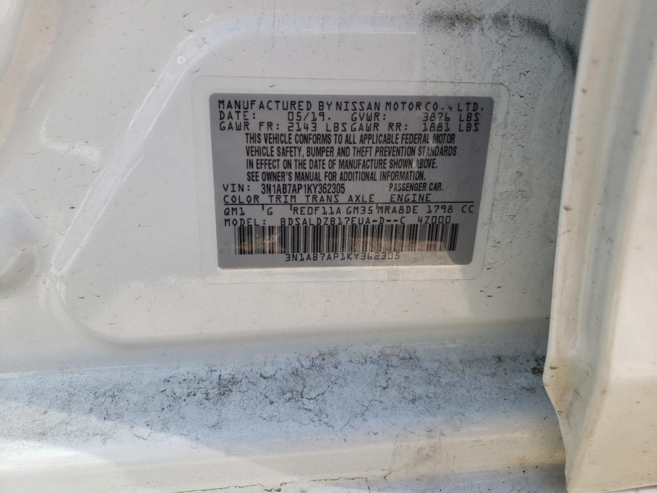 Photo 10 from auction – 2019 NISSAN SENTRA S with VIN 3N1AB7AP1KY362305