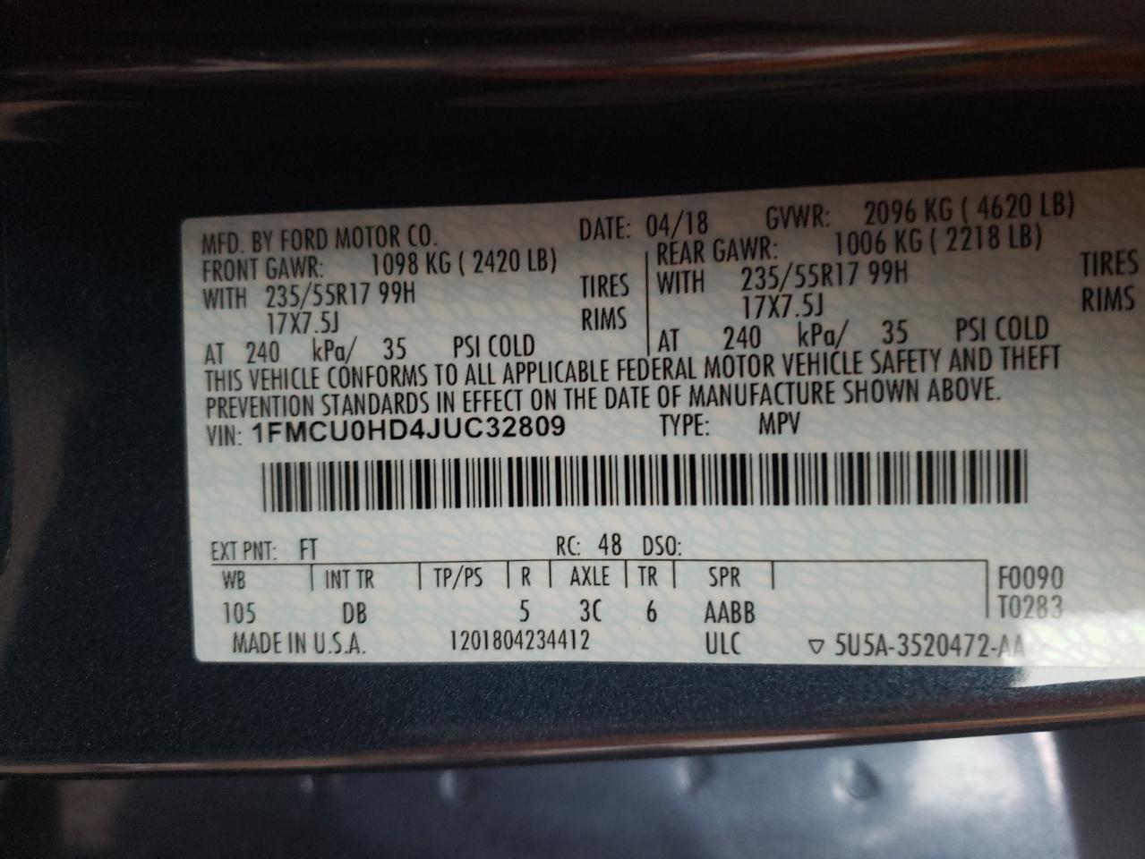 Фото 10 с аукциона – 2018 FORD ESCAPE SEL с VIN 1FMCU0HD4JUC32809