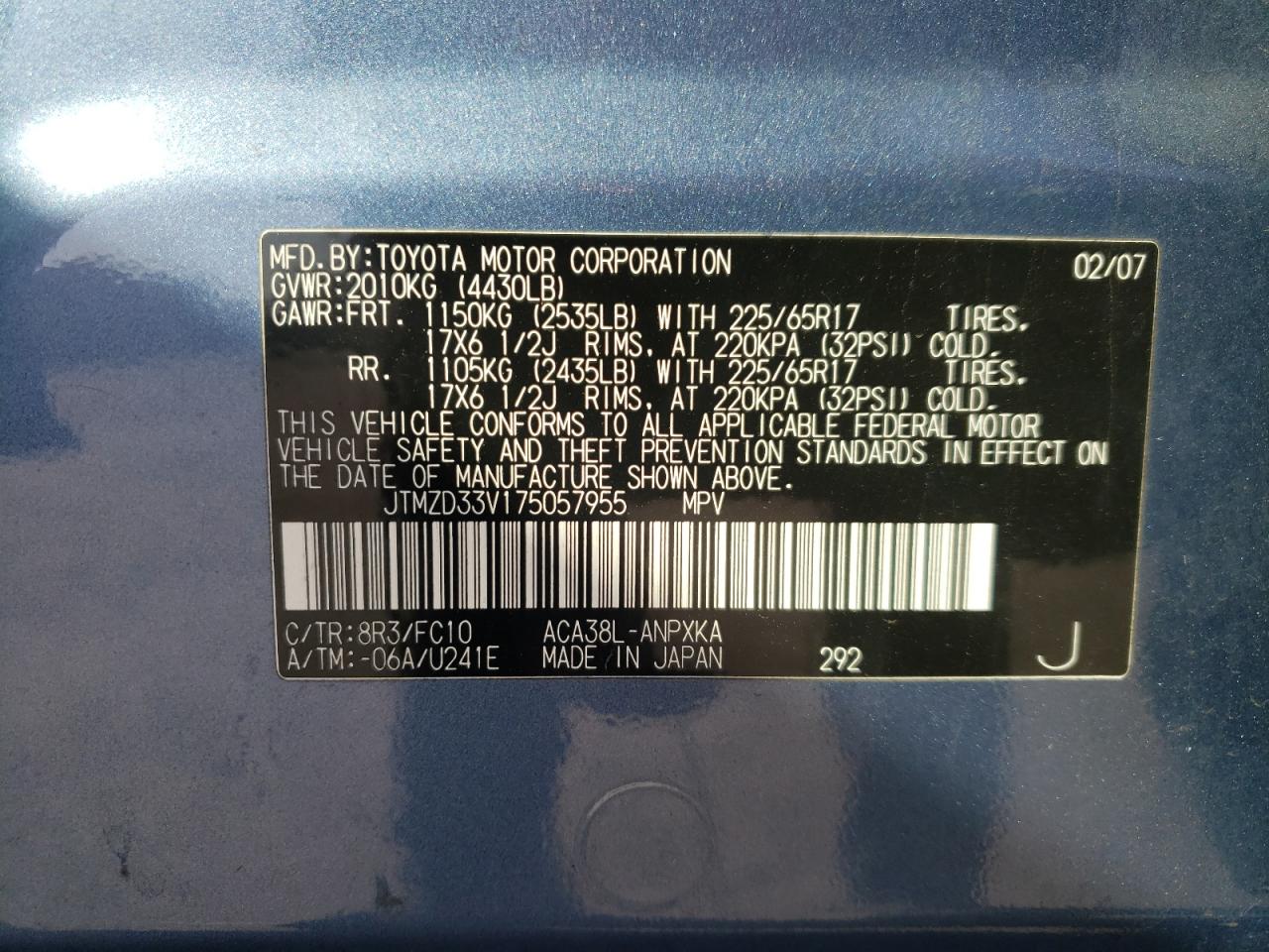 Photo 10 from auction – 2007 TOYOTA RAV4 with VIN JTMZD33V175057955
