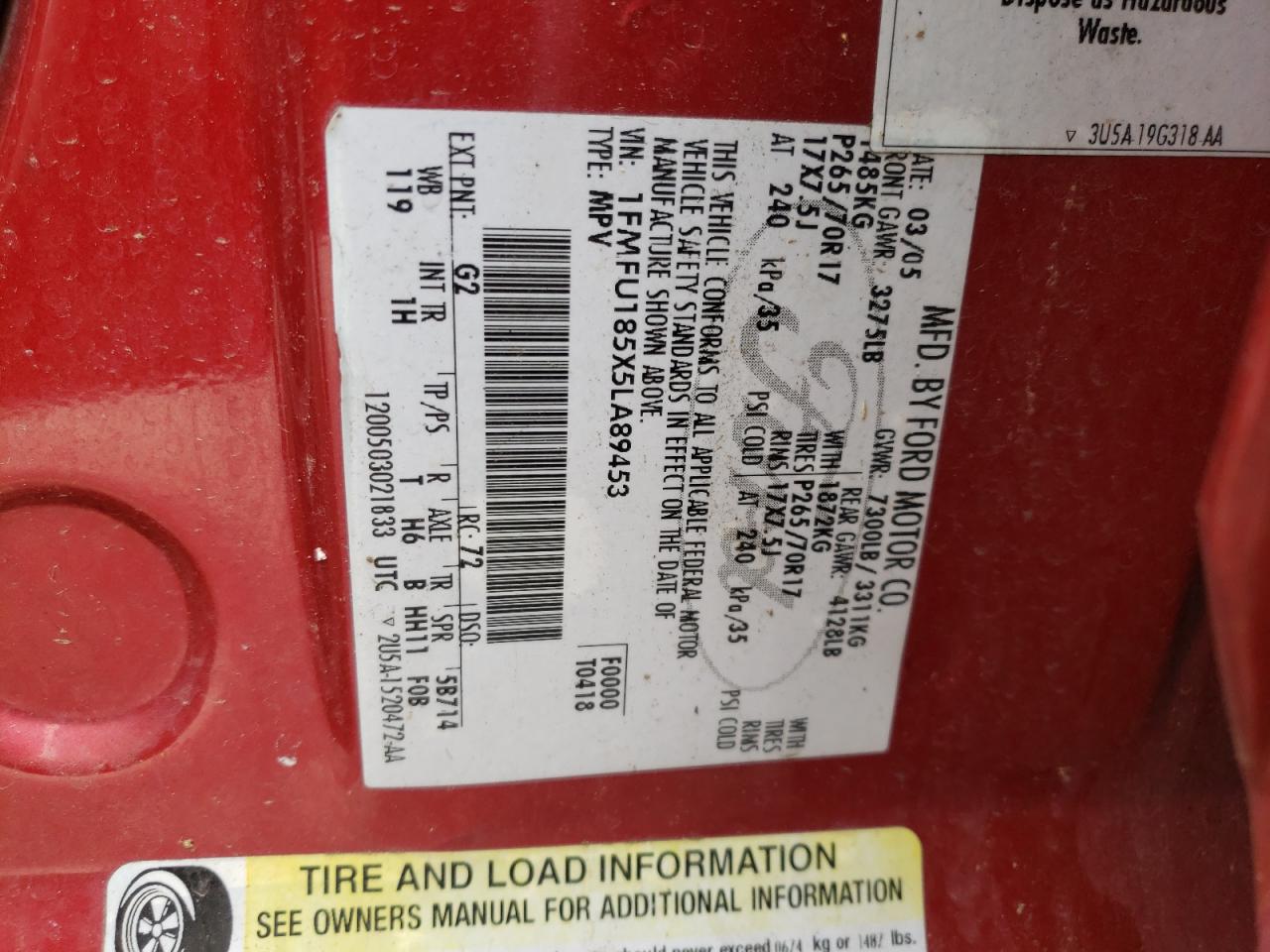 Photo 10 from auction – 2005 FORD EXPEDITION with VIN 1FMFU185X5LA89453