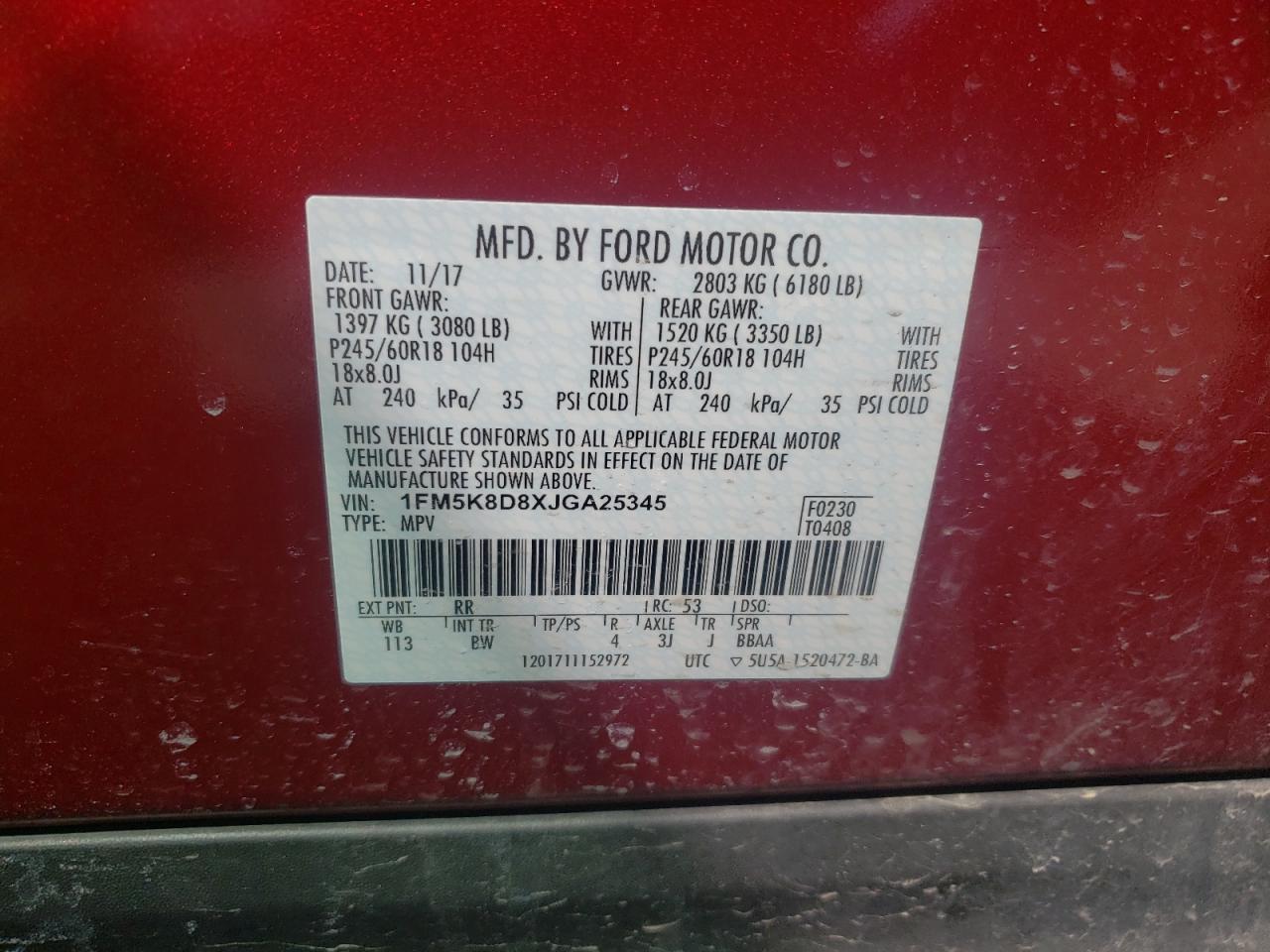 Photo 10 from auction – 2018 FORD EXPLORER X with VIN 1FM5K8D8XJGA25345