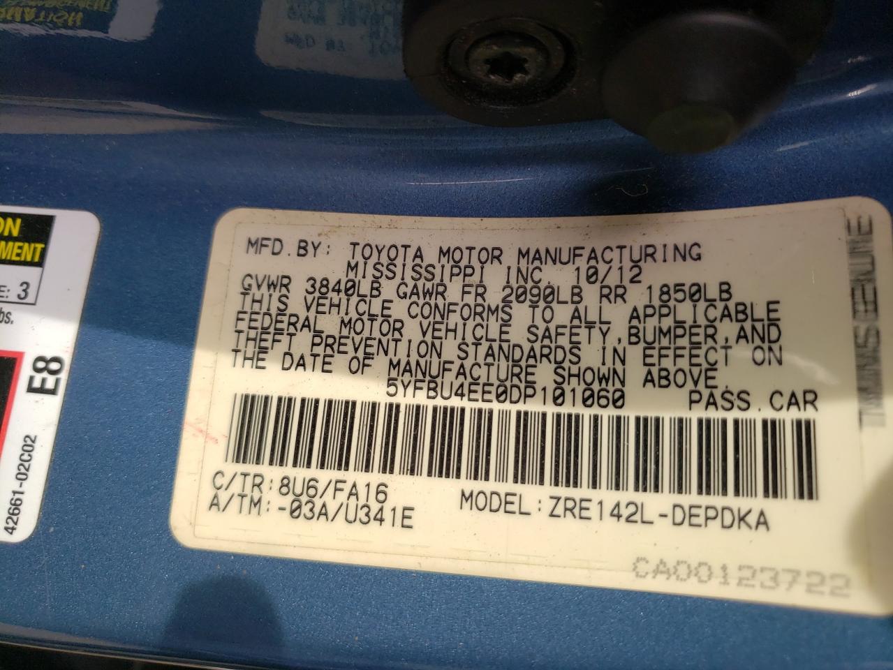 Photo 10 from auction – 2013 TOYOTA COROLLA BA with VIN 5YFBU4EE0DP101060