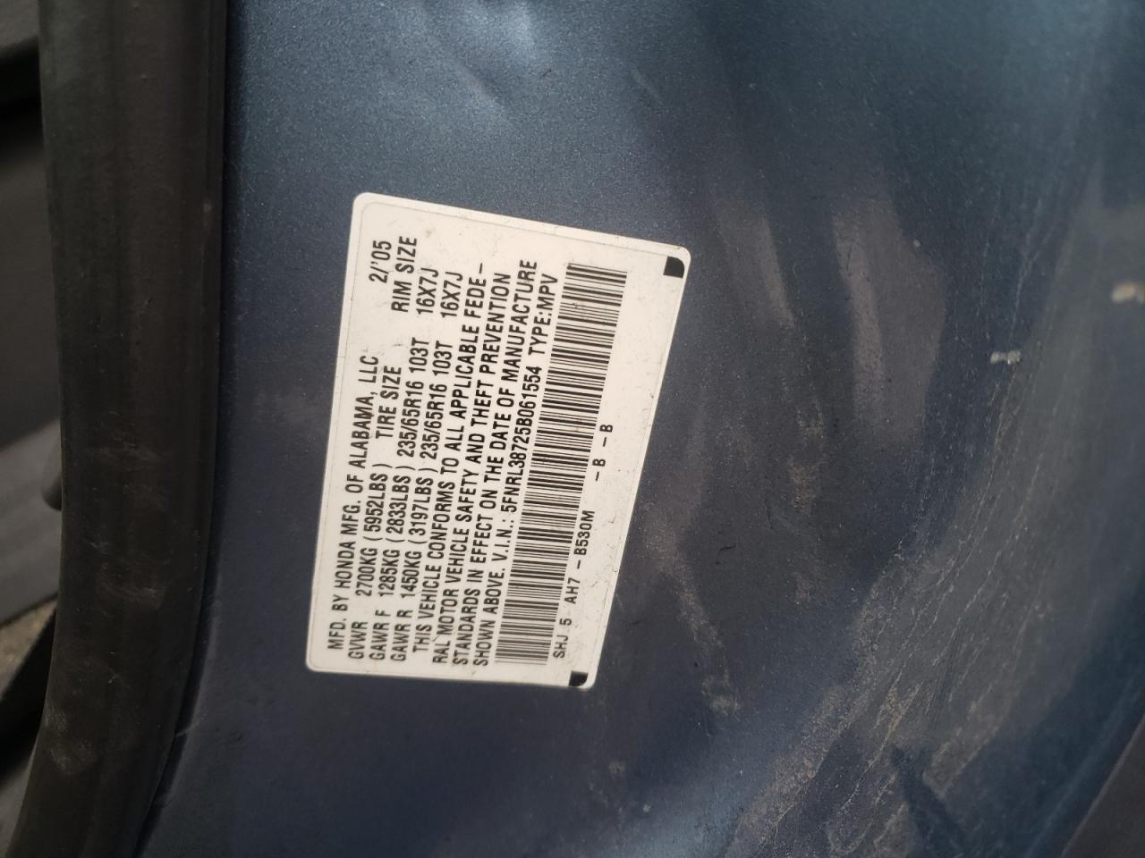 Photo 10 from auction – 2005 HONDA ODYSSEY EX with VIN 5FNRL38725B061554
