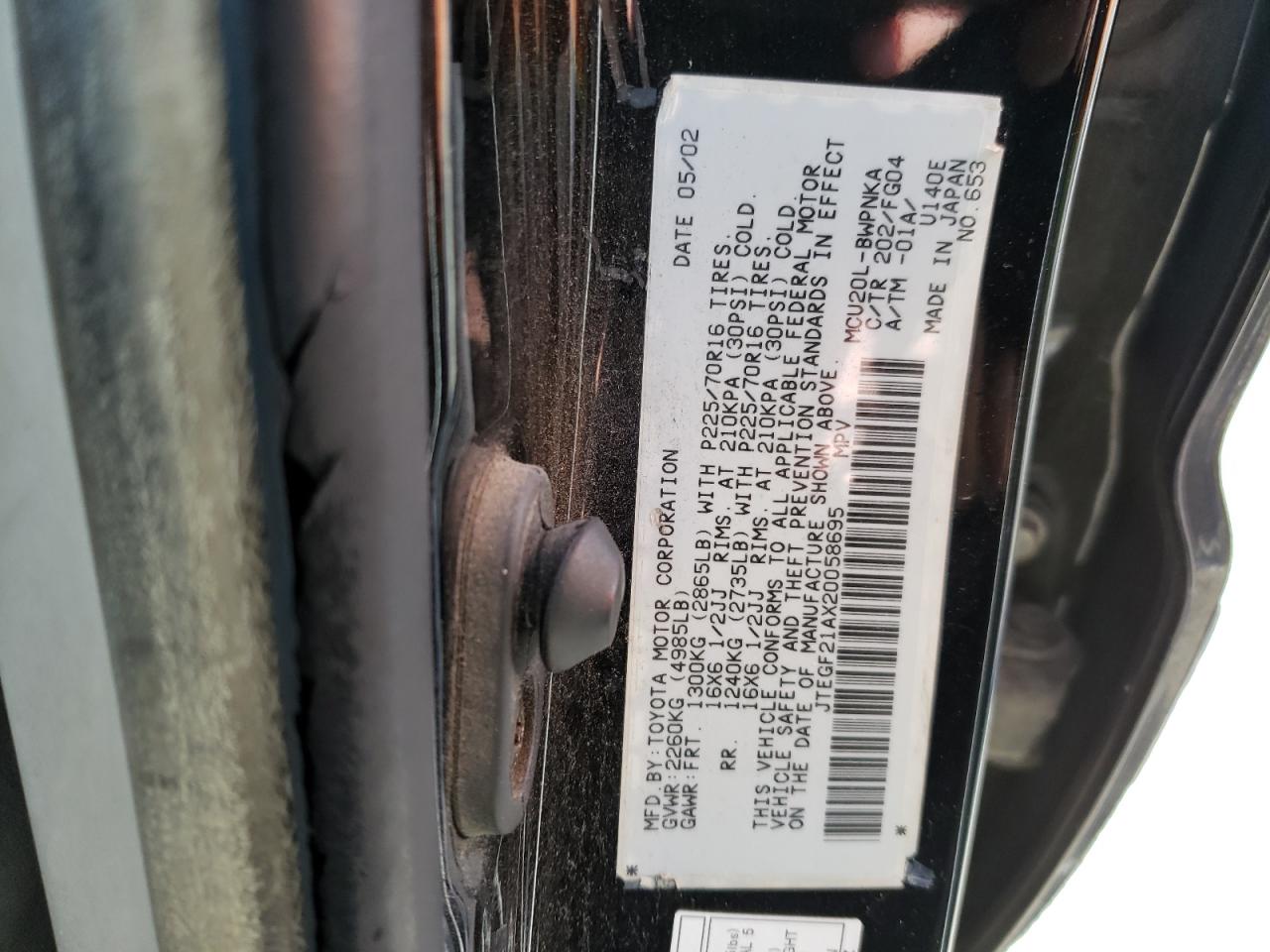 Photo 10 from auction – 2002 TOYOTA HIGHLANDER with VIN JTEGF21AX20058695