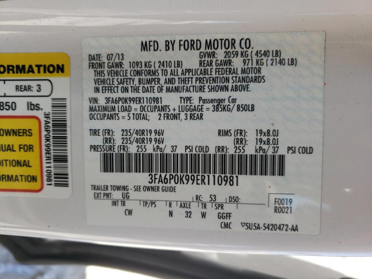 Photo 10 from auction – 2014 FORD FUSION TIT with VIN 3FA6P0K99ER110981