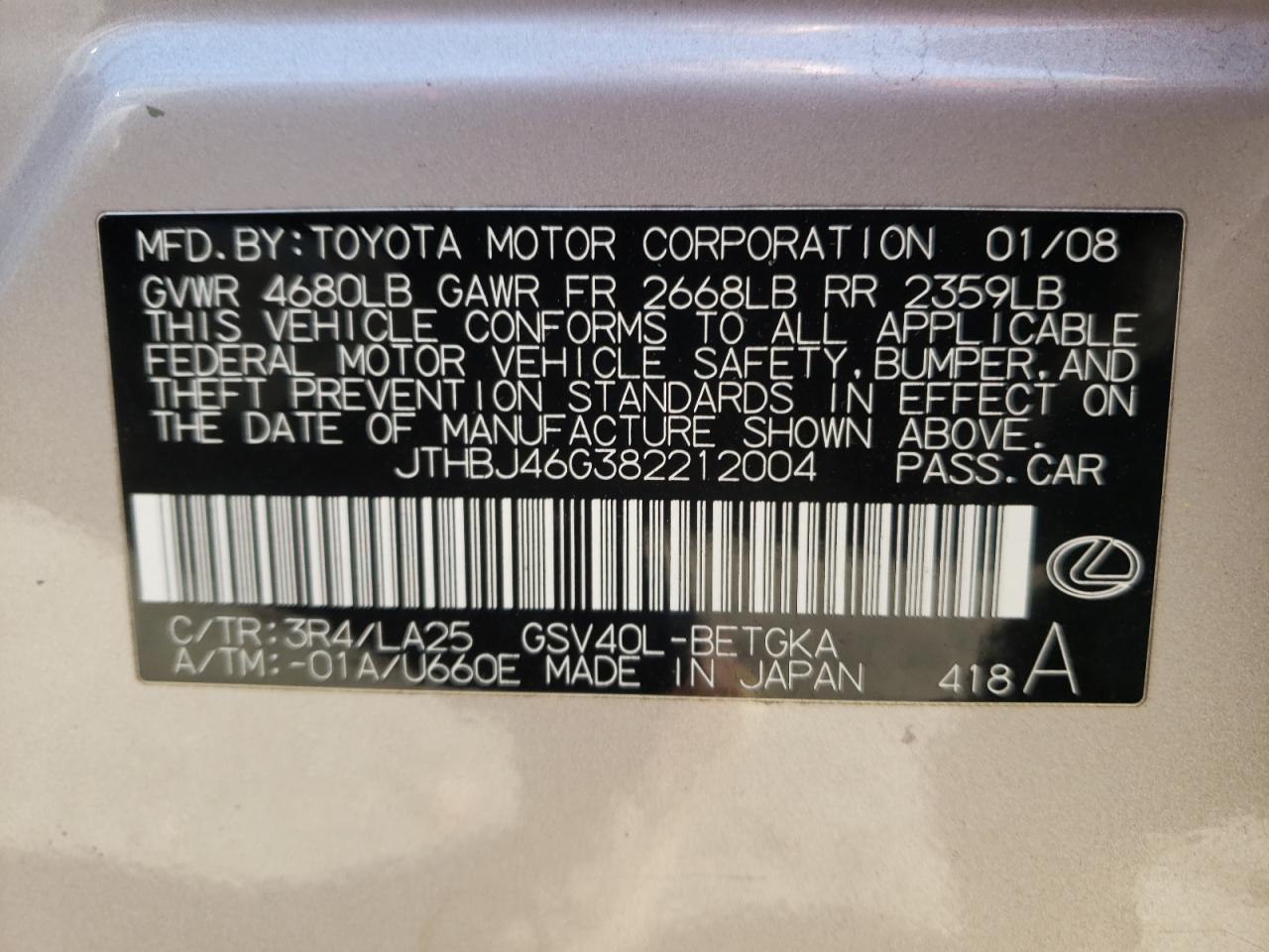 Foto 10 de la subasta – 2008 LEXUS ES 350 con VIN JTHBJ46G382212004