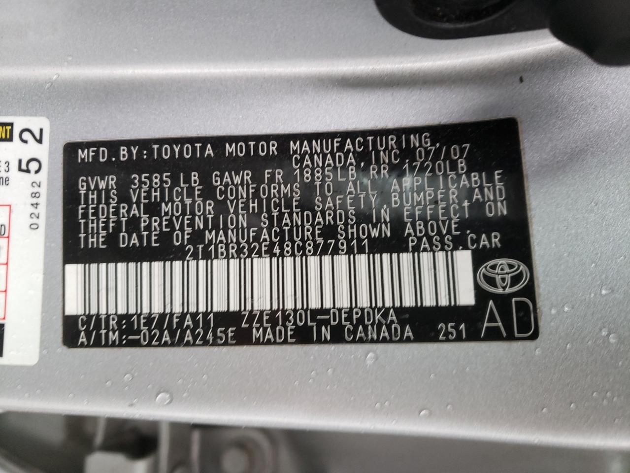 Photo 10 from auction – 2008 TOYOTA COROLLA CE with VIN 2T1BR32E48C877911