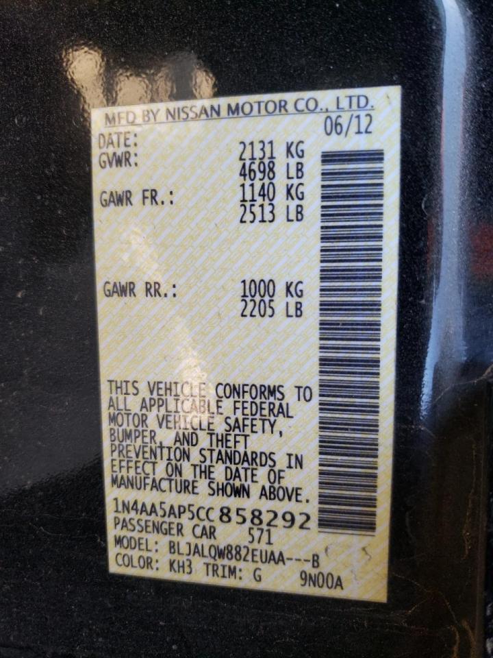 Photo 10 from auction – 2012 NISSAN MAXIMA S with VIN 1N4AA5AP5CC858292