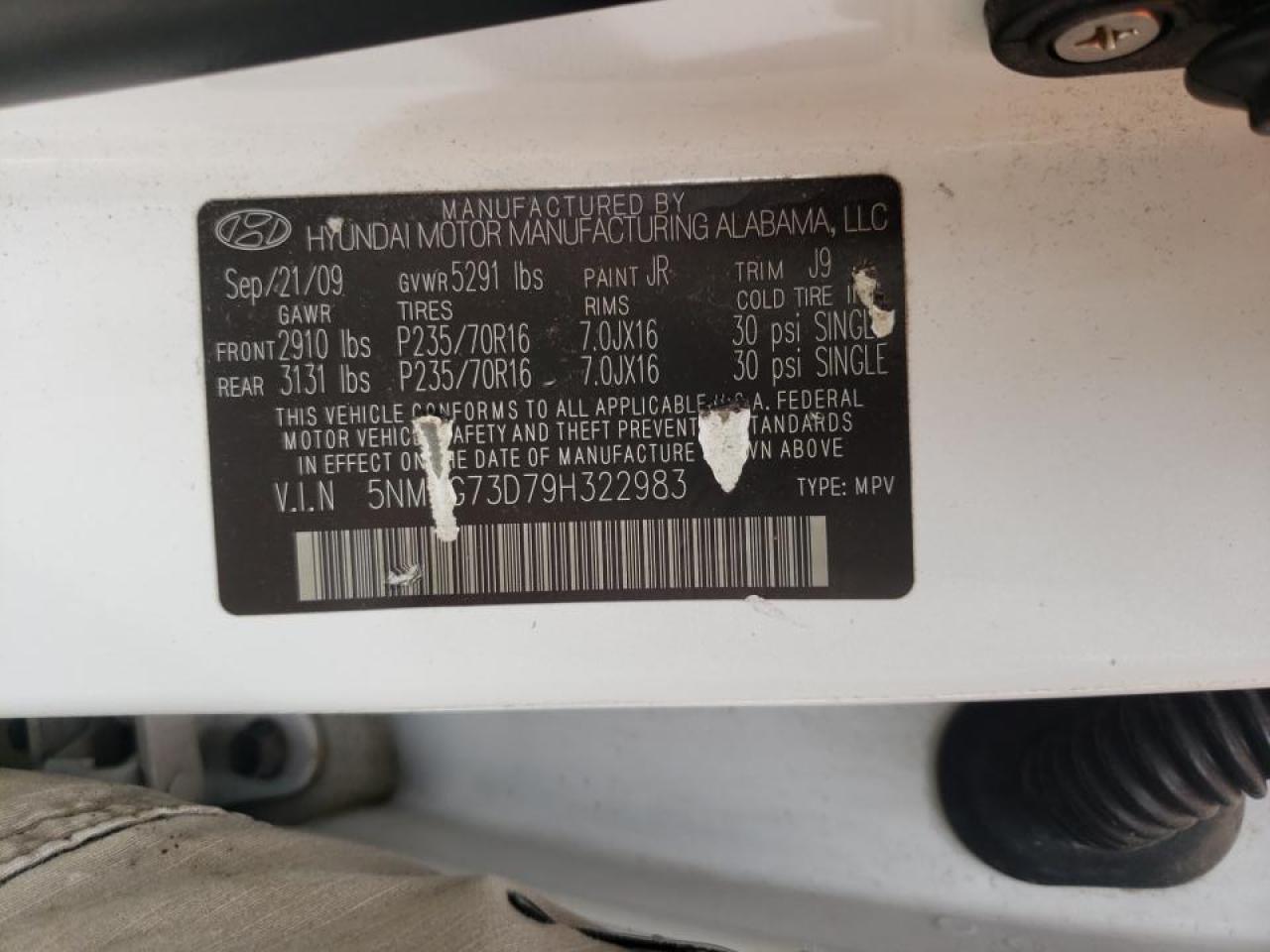 Photo 10 from auction – 2009 HYUNDAI SANTA FE G with VIN 5NMSG73D79H322983