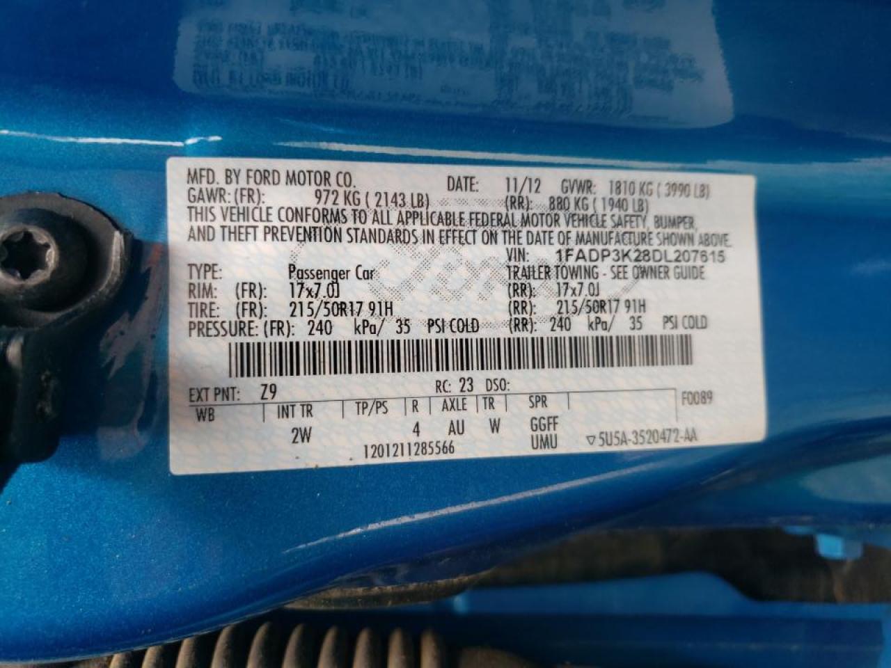 Photo 10 from auction – 2013 FORD FOCUS SE with VIN 1FADP3K28DL207615
