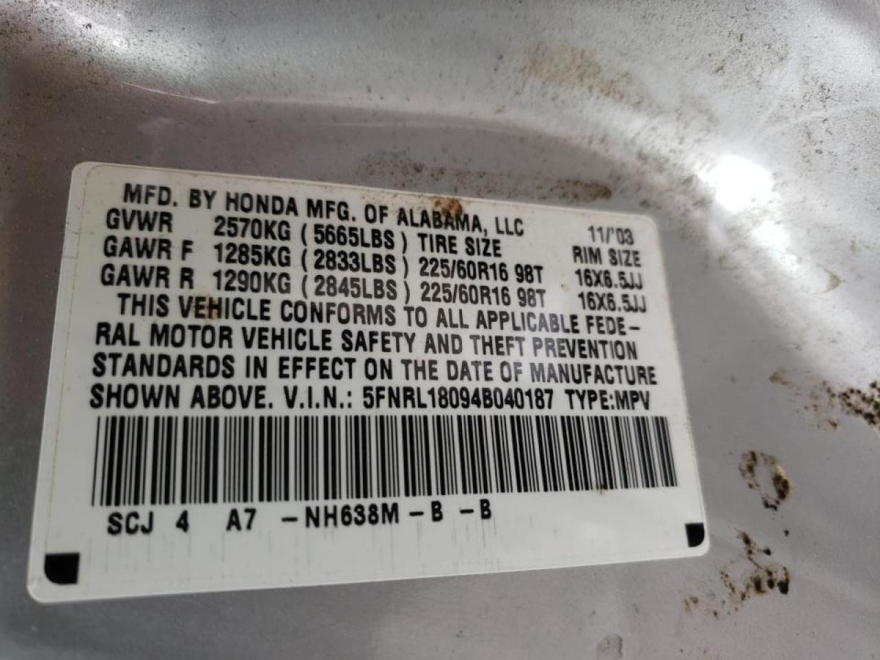 Photo 10 from auction – 2004 HONDA ODYSSEY EX with VIN 5FNRL18094B040187