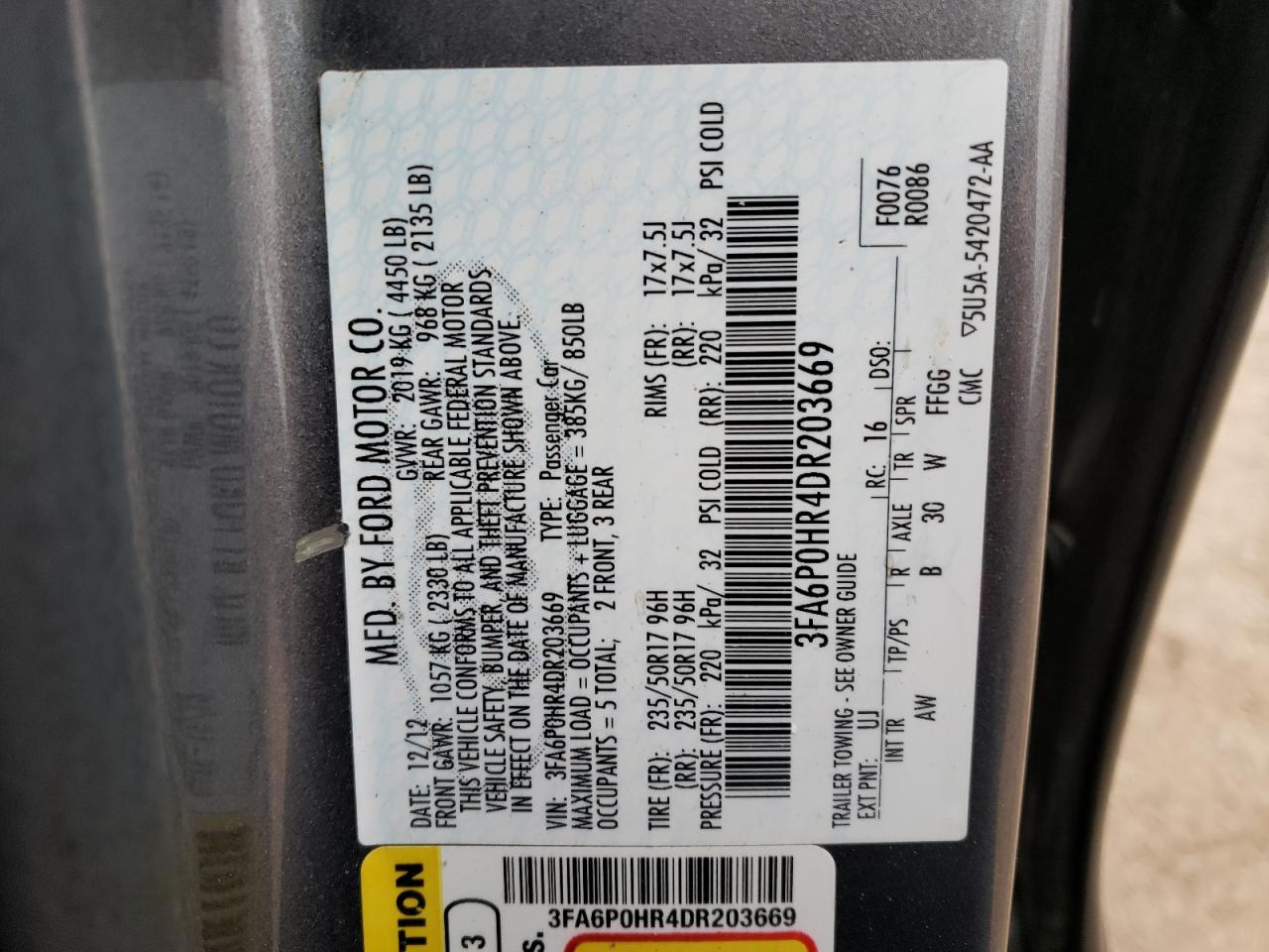 Photo 10 from auction – 2013 FORD FUSION SE with VIN 3FA6P0HR4DR203669