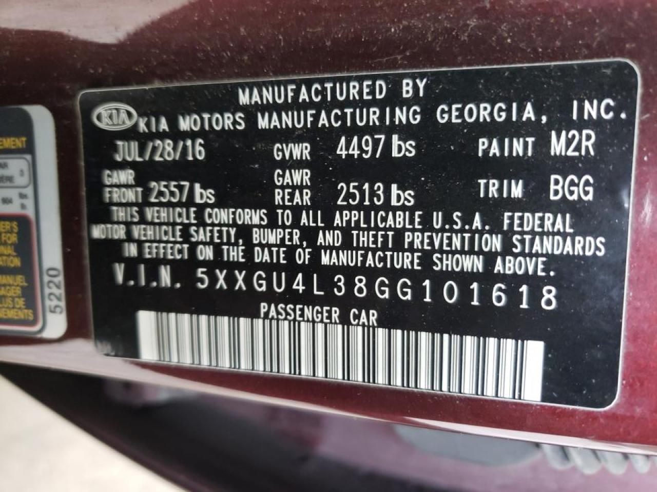Photo 10 from auction – 2016 KIA OPTIMA EX with VIN 5XXGU4L38GG101618