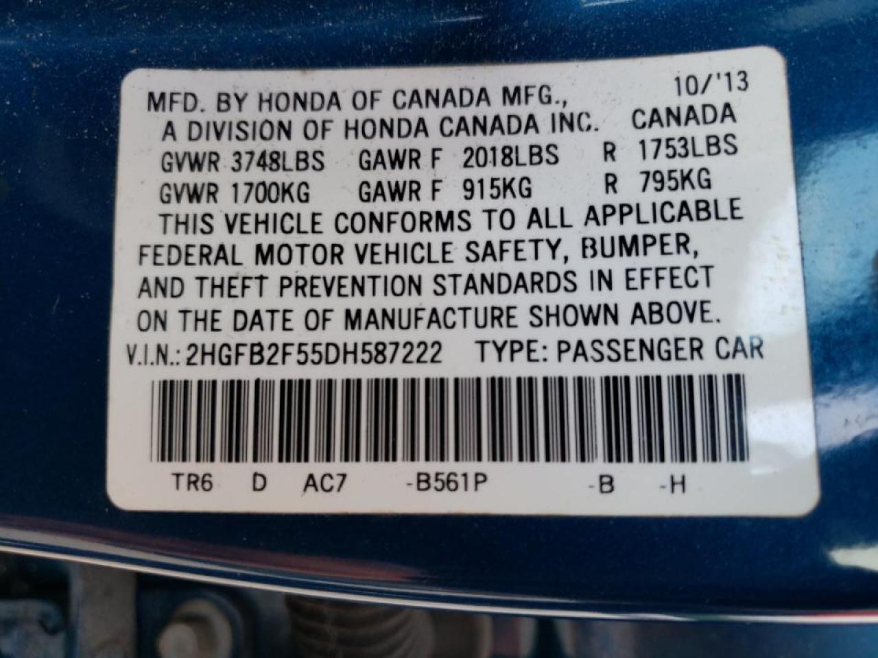 Photo 10 from auction – 2013 HONDA CIVIC LX with VIN 2HGFB2F55DH587222
