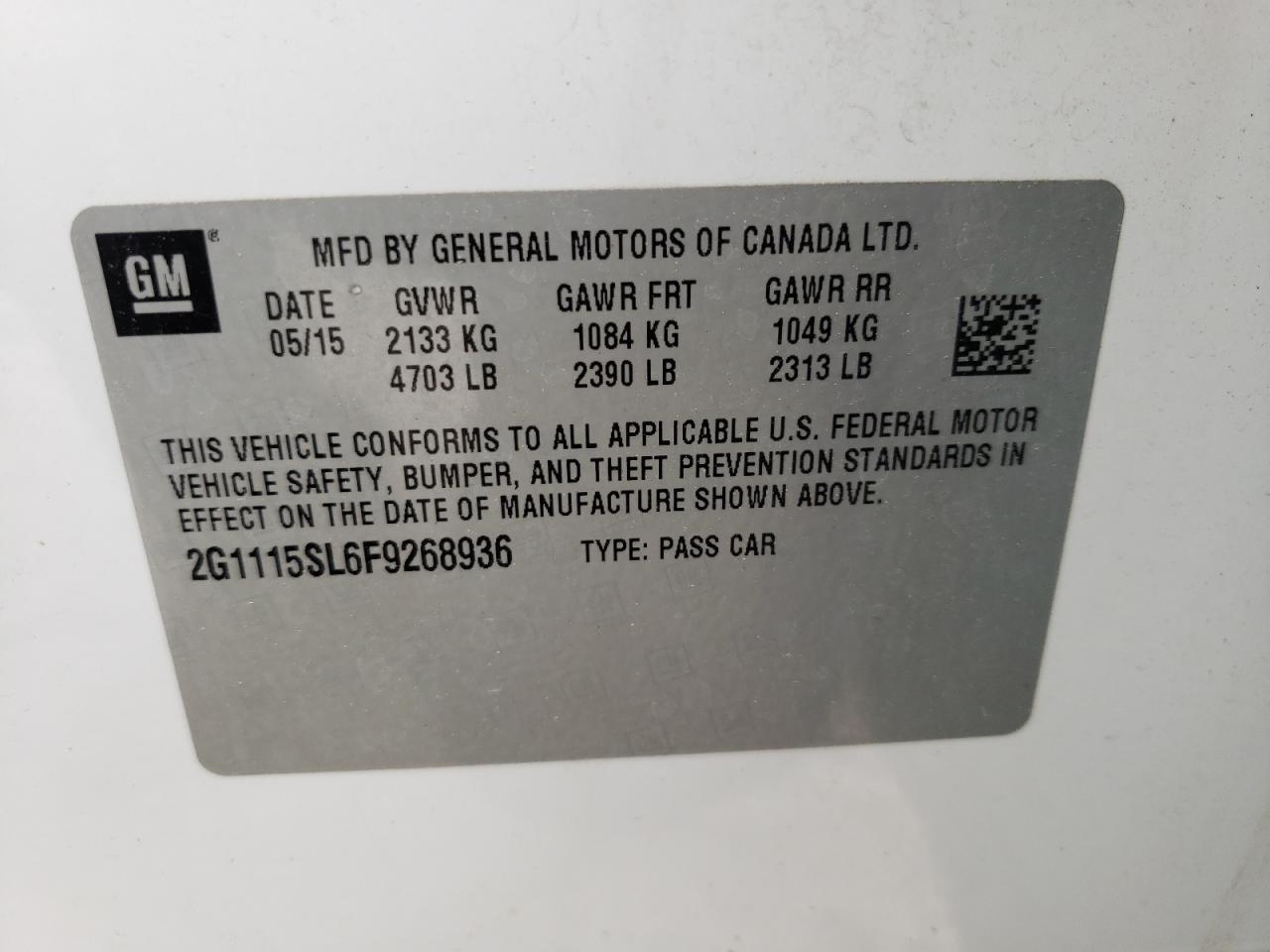 Photo 10 from auction – 2015 CHEVROLET IMPALA LT with VIN 2G1115SL6F9268936