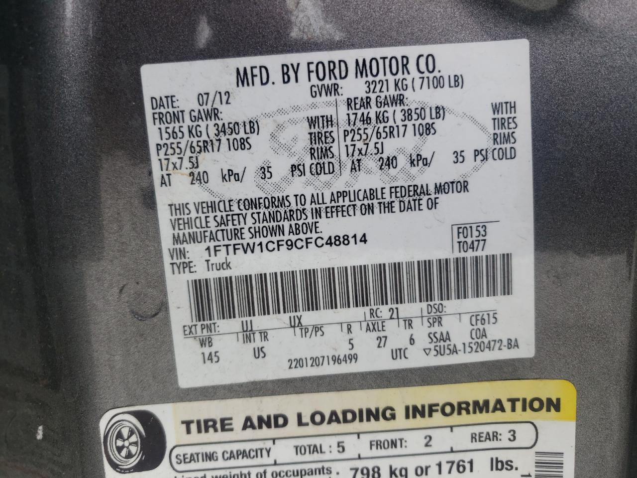 Photo 10 from auction – 2012 FORD F150 SUPER with VIN 1FTFW1CF9CFC48814