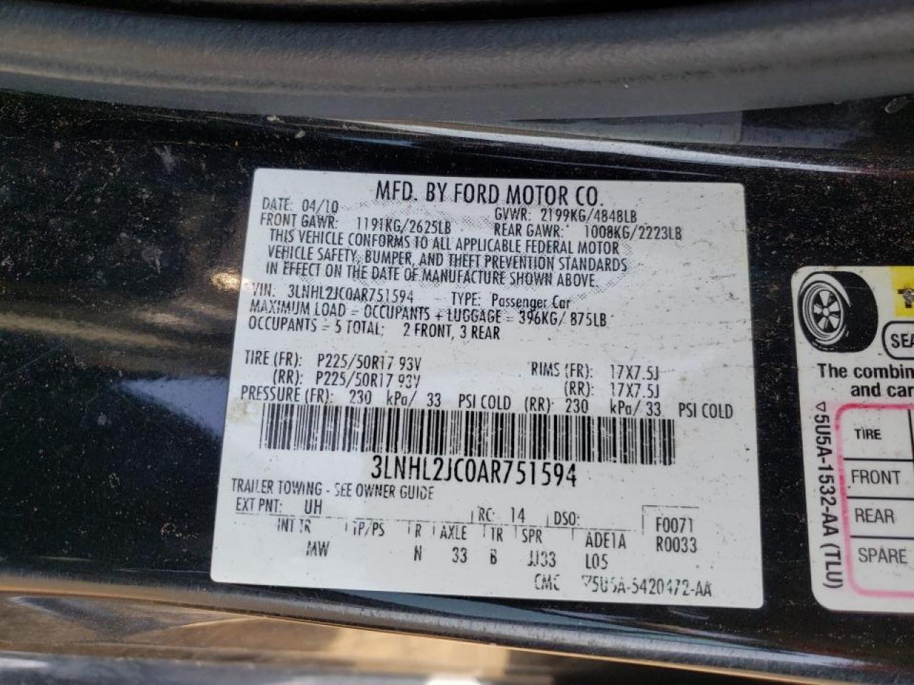 Photo 10 from auction – 2010 LINCOLN MKZ with VIN 3LNHL2JC0AR751594