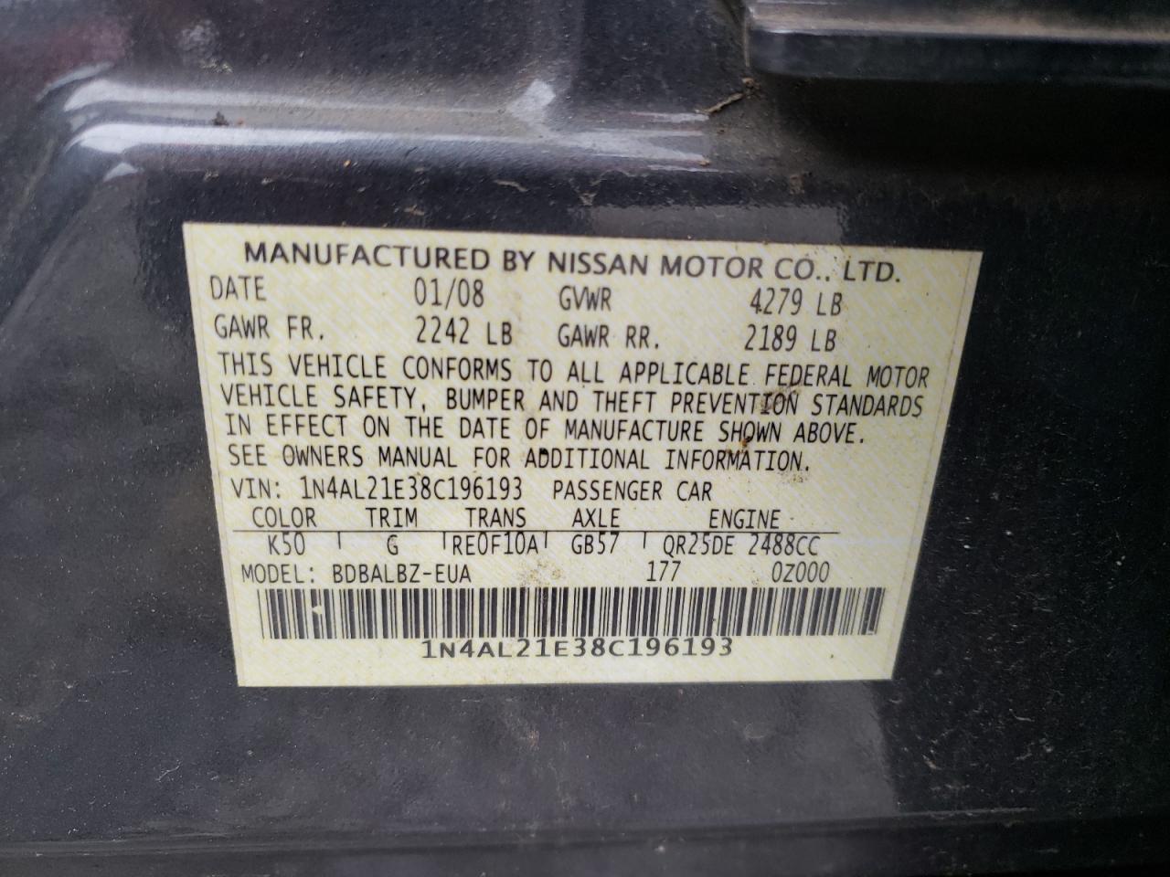 Photo 10 from auction – 2008 NISSAN ALTIMA 2.5 with VIN 1N4AL21E38C196193