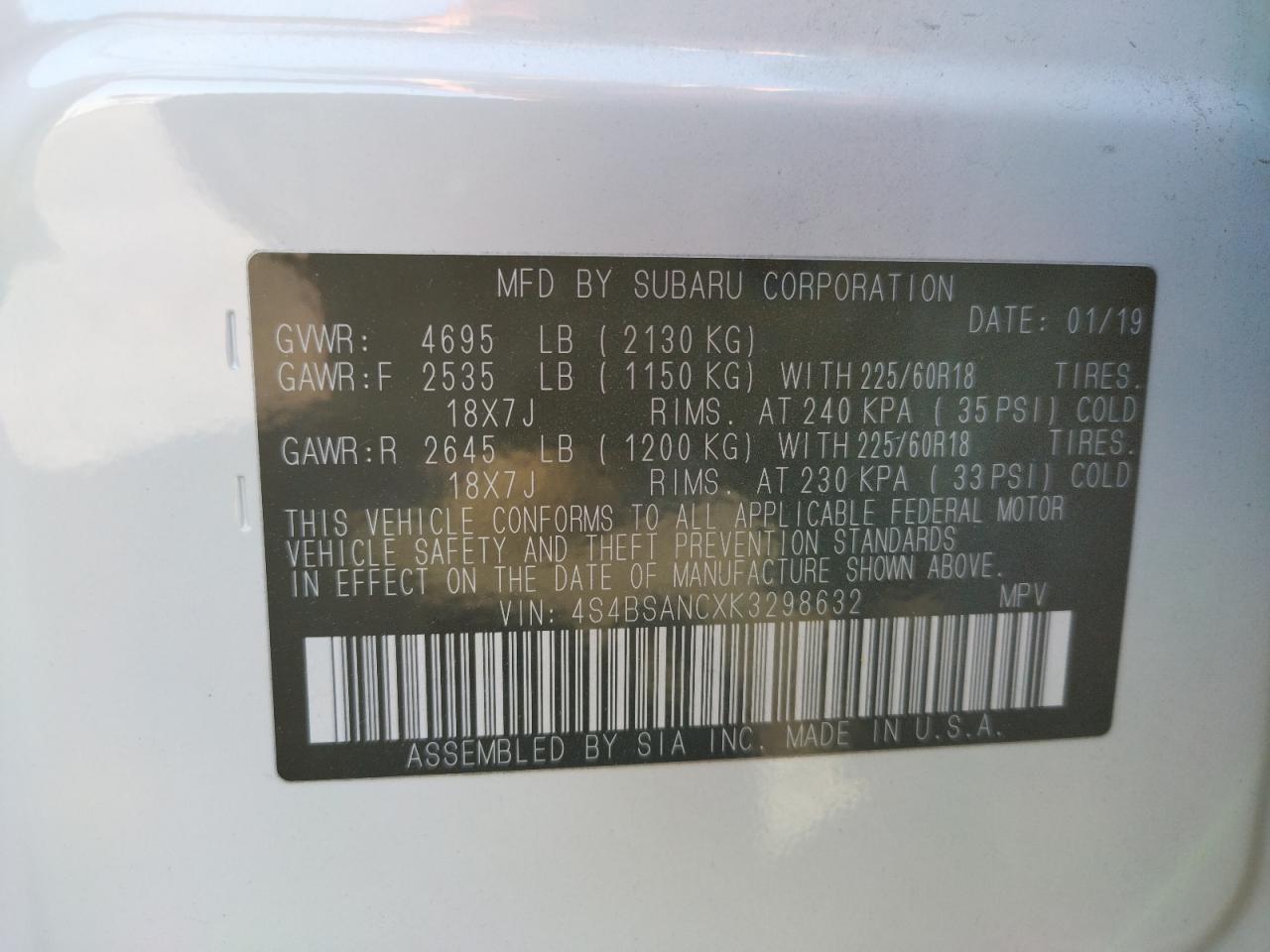 Photo 10 from auction – 2019 SUBARU OUTBACK 2. with VIN 4S4BSANCXK3298632