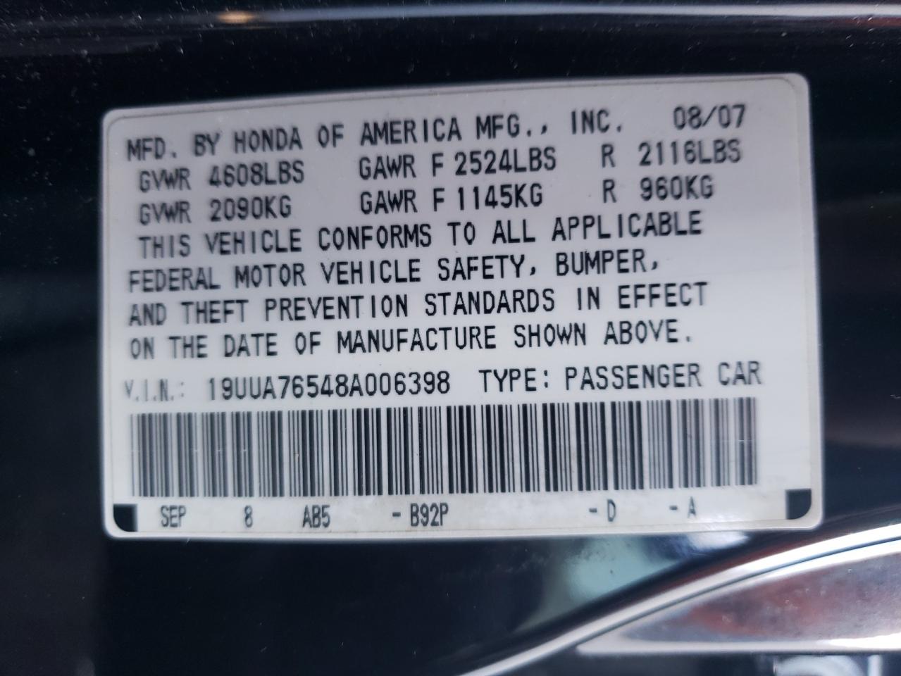 Photo 10 from auction – 2008 ACURA TL TYPE S with VIN 19UUA76548A006398