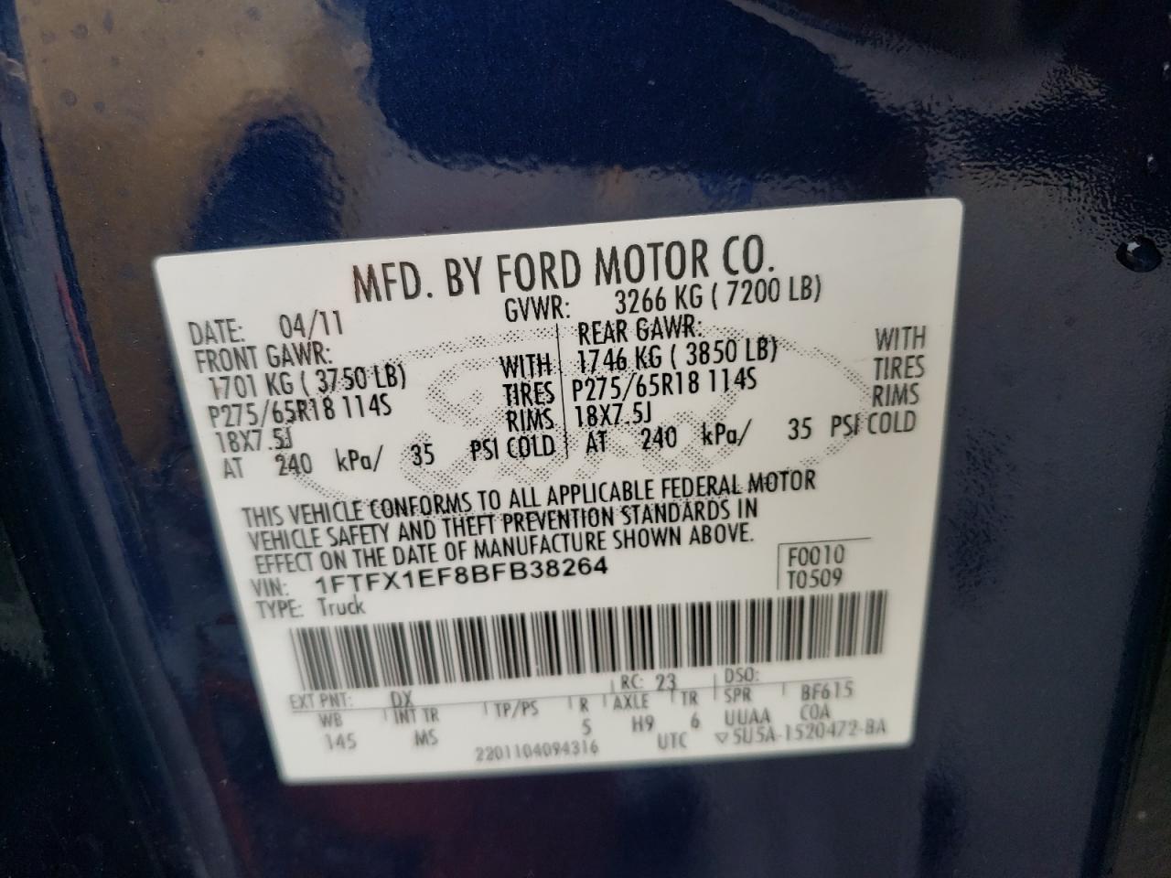 Photo 10 from auction – 2011 FORD F150 SUPER with VIN 1FTFX1EF8BFB38264