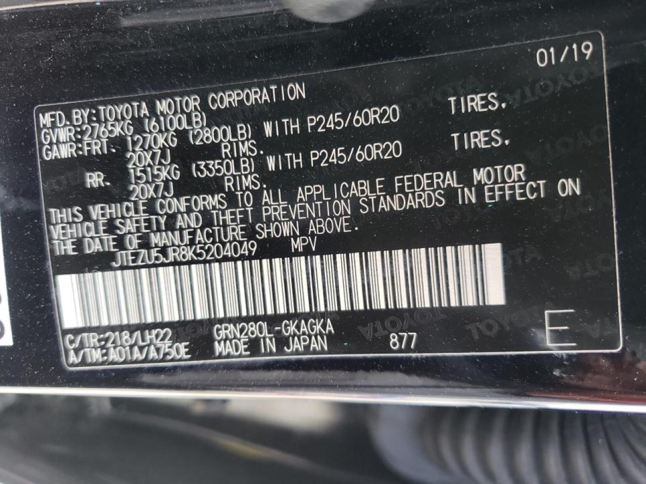 Zdjęcie 10 z aukcji – 2019 TOYOTA 4RUNNER SR z VIN JTEZU5JR8K5204049