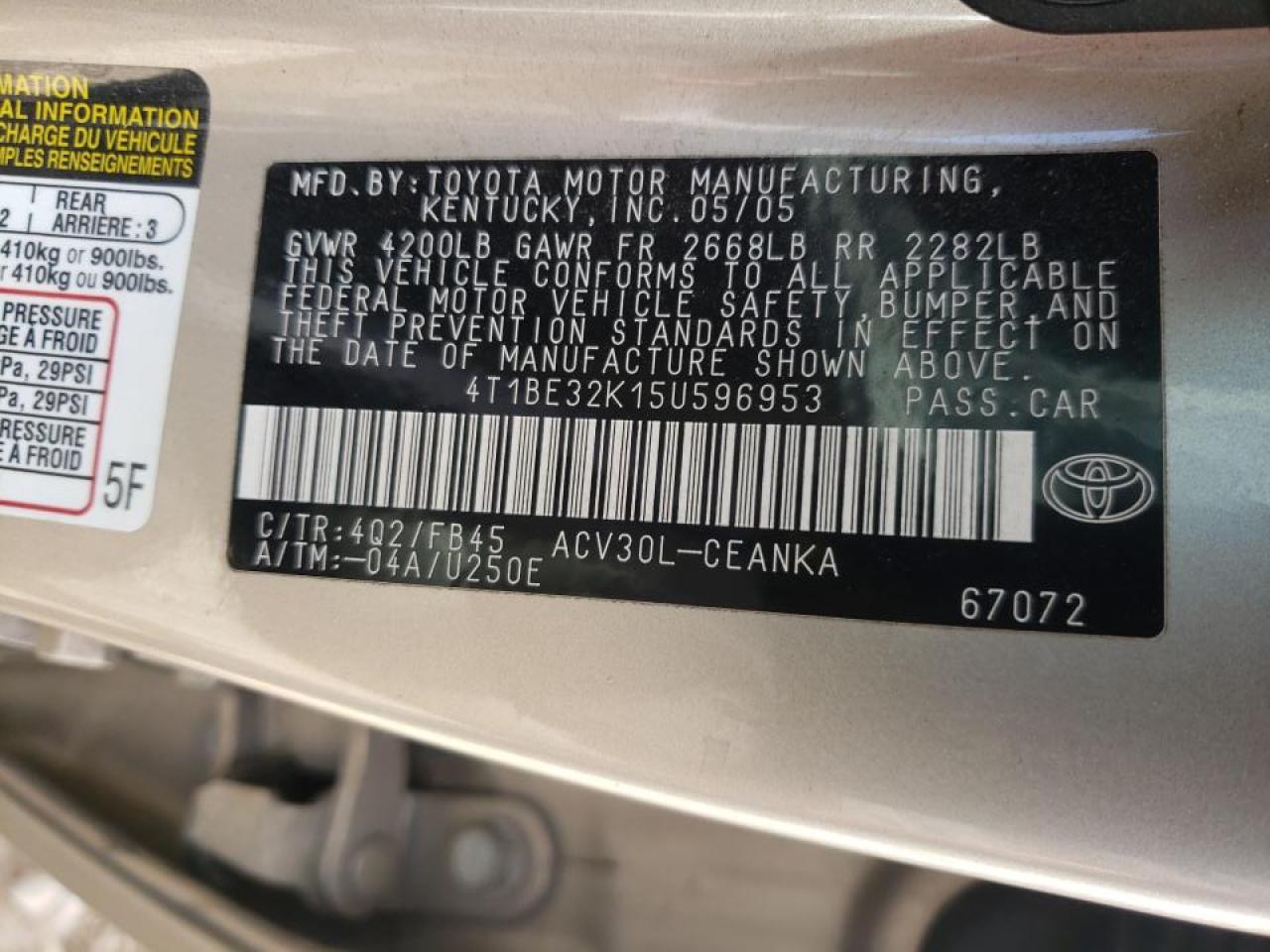 Photo 10 from auction – 2005 TOYOTA CAMRY LE with VIN 4T1BE32K15U596953