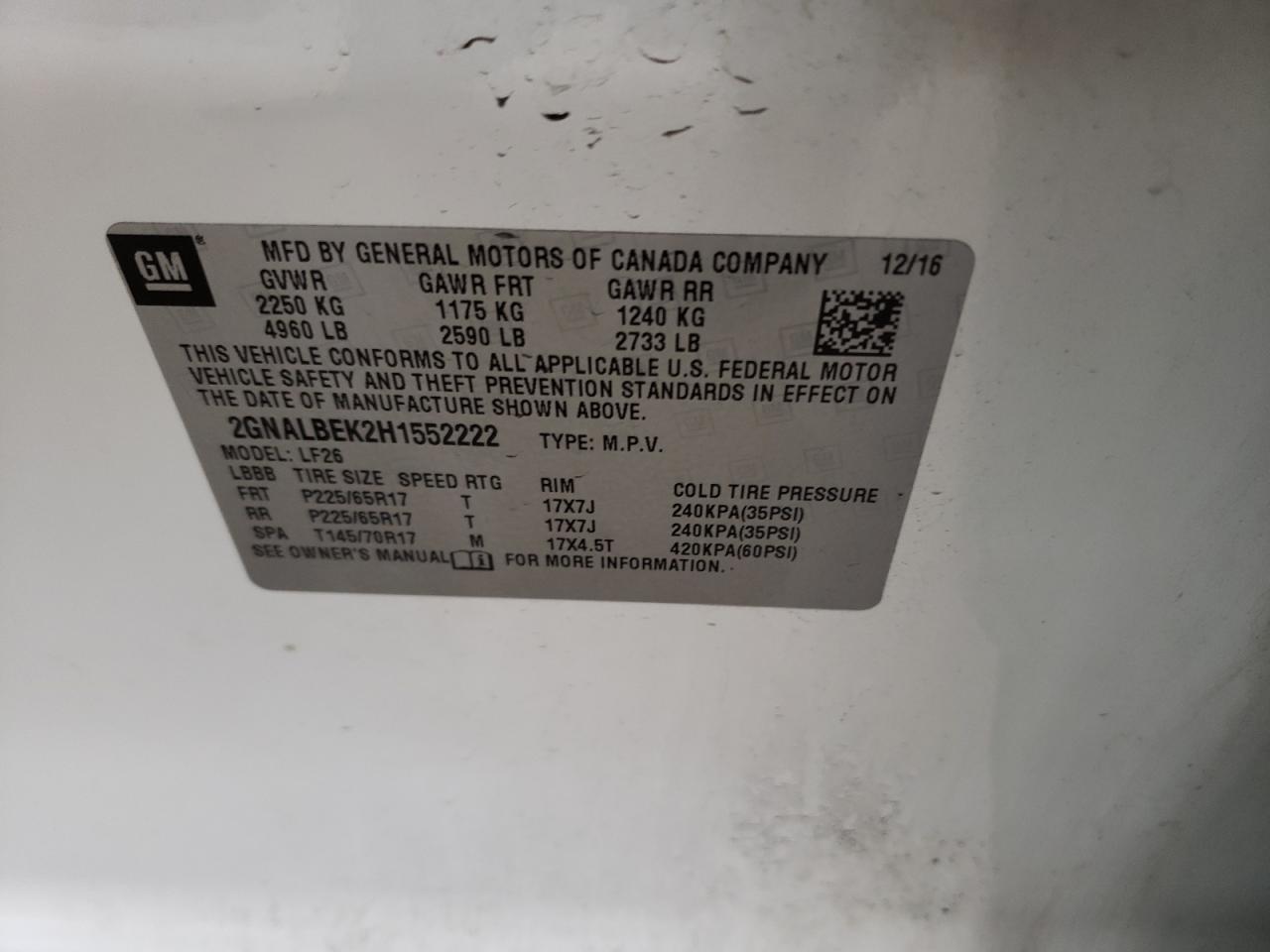 Photo 10 from auction – 2017 CHEVROLET EQUINOX LS with VIN 2GNALBEK2H1552222