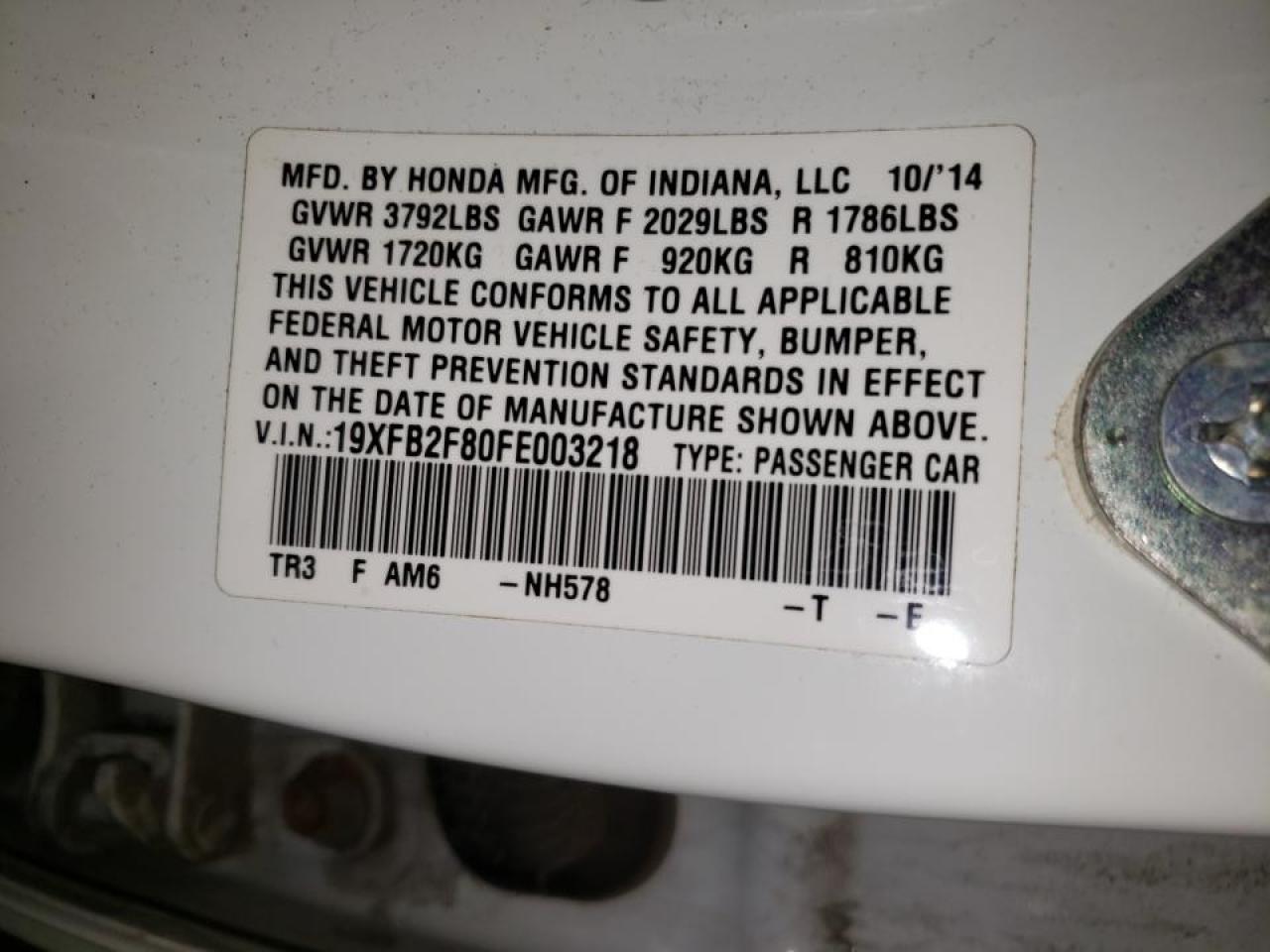 Photo 10 from auction – 2015 HONDA CIVIC EX with VIN 19XFB2F80FE003218