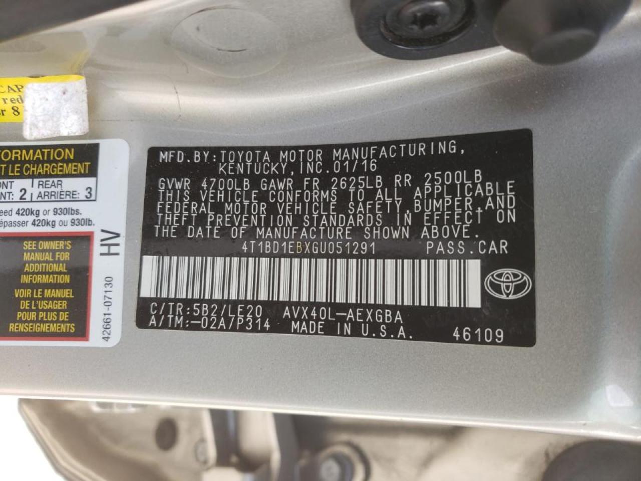 Photo 10 from auction – 2016 TOYOTA AVALON HYB with VIN 4T1BD1EBXGU051291