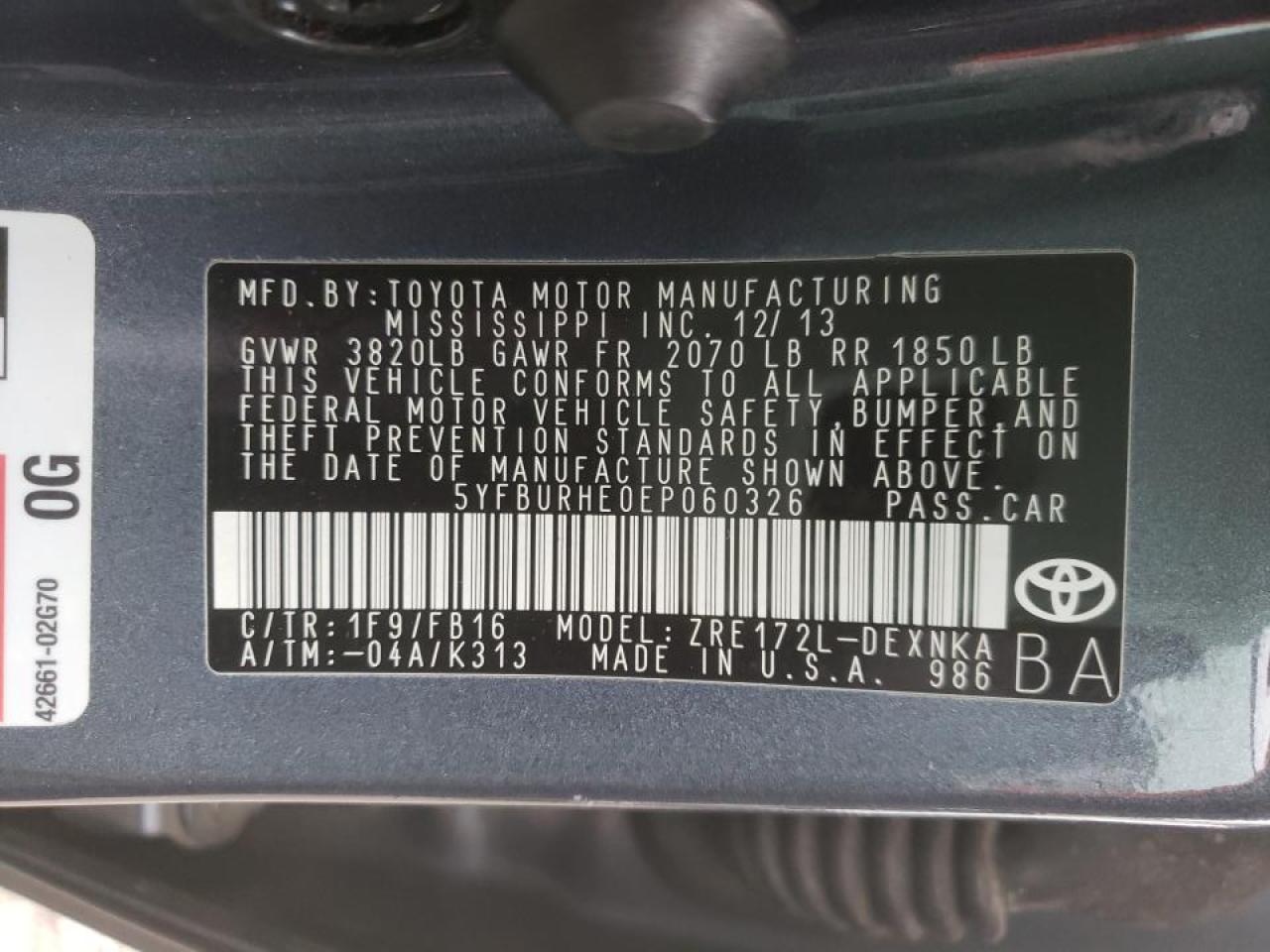 Photo 10 from auction – 2014 TOYOTA COROLLA L with VIN 5YFBURHE0EP060326