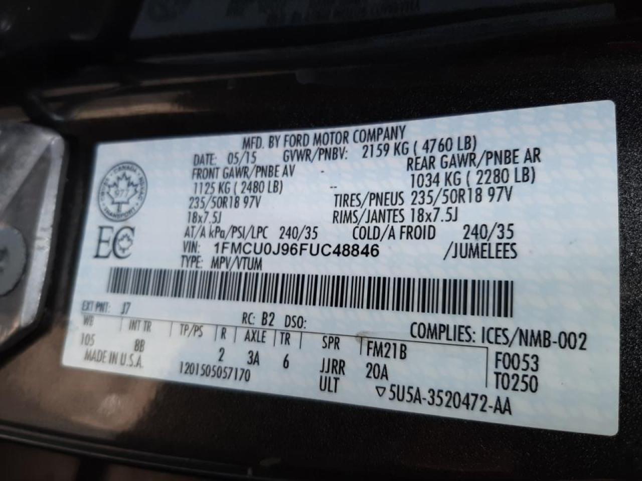 Photo 10 from auction – 2015 FORD ESCAPE TIT with VIN 1FMCU0J96FUC48846