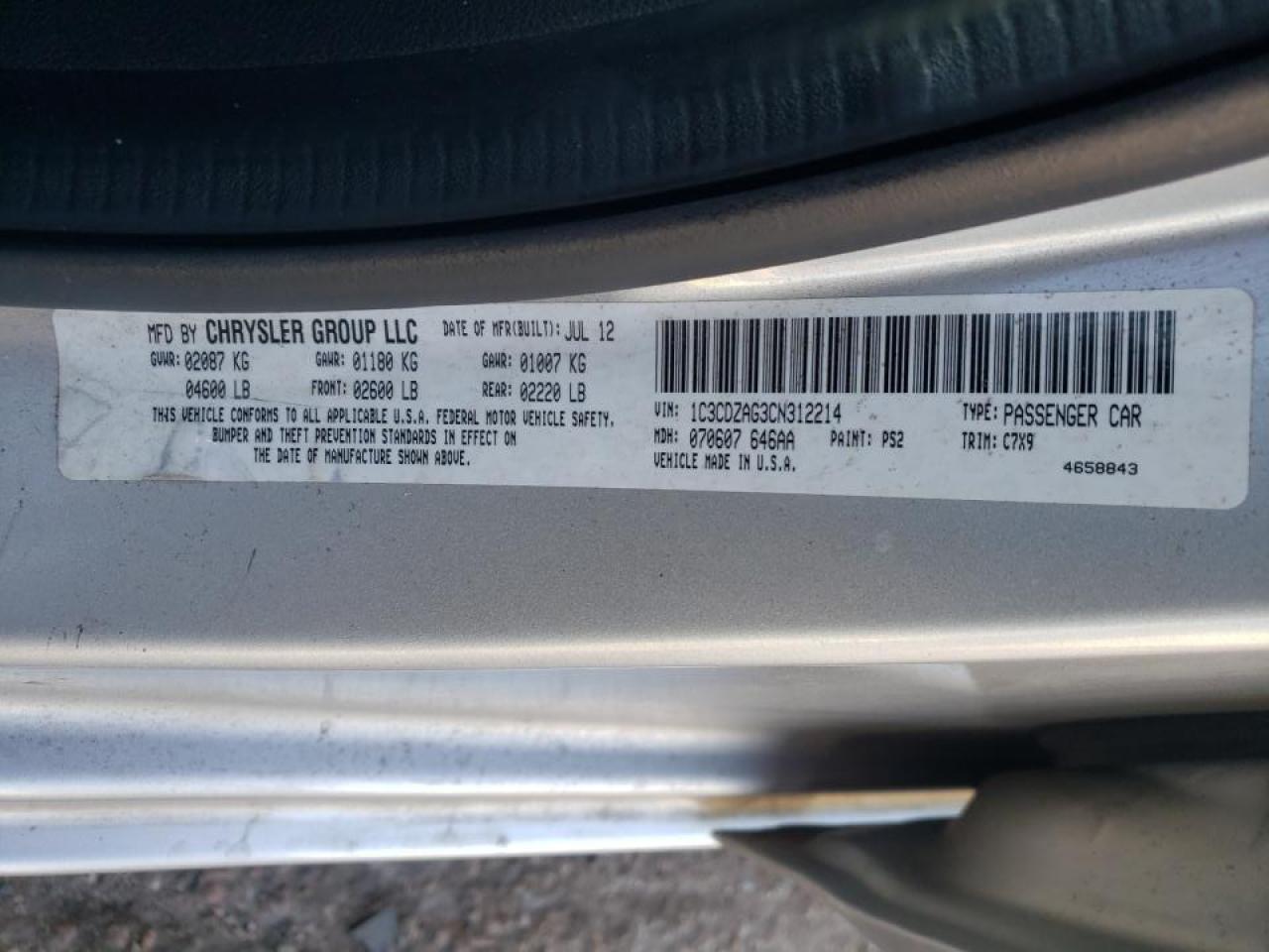 Photo 10 from auction – 2012 DODGE AVENGER with VIN 1C3CDZAG3CN312214