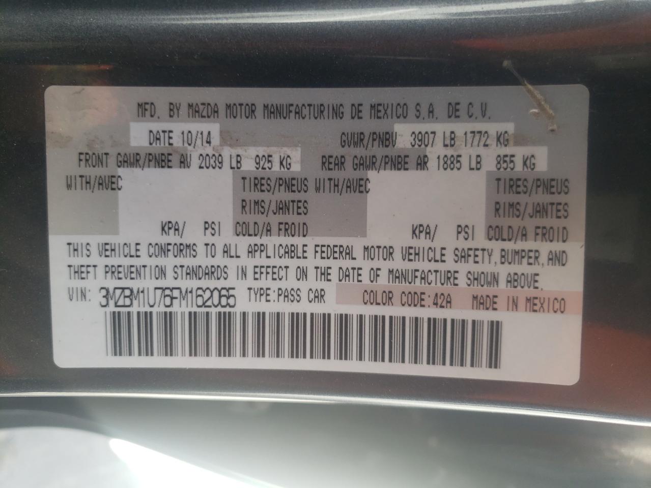 Photo 10 from auction – 2015 MAZDA 3 SPORT with VIN 3MZBM1U76FM162065