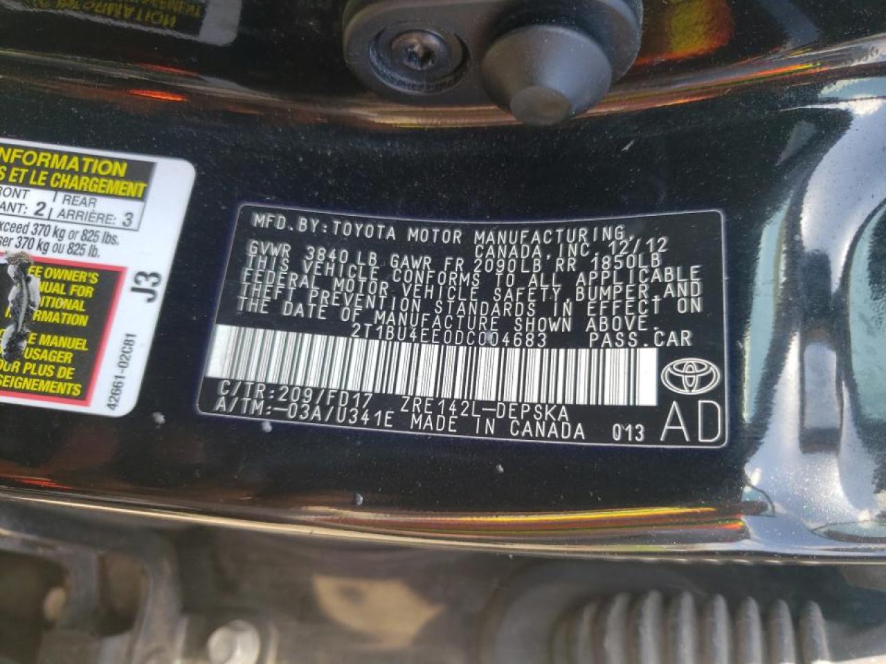 Photo 10 from auction – 2013 TOYOTA COROLLA BA with VIN 2T1BU4EE0DC004683